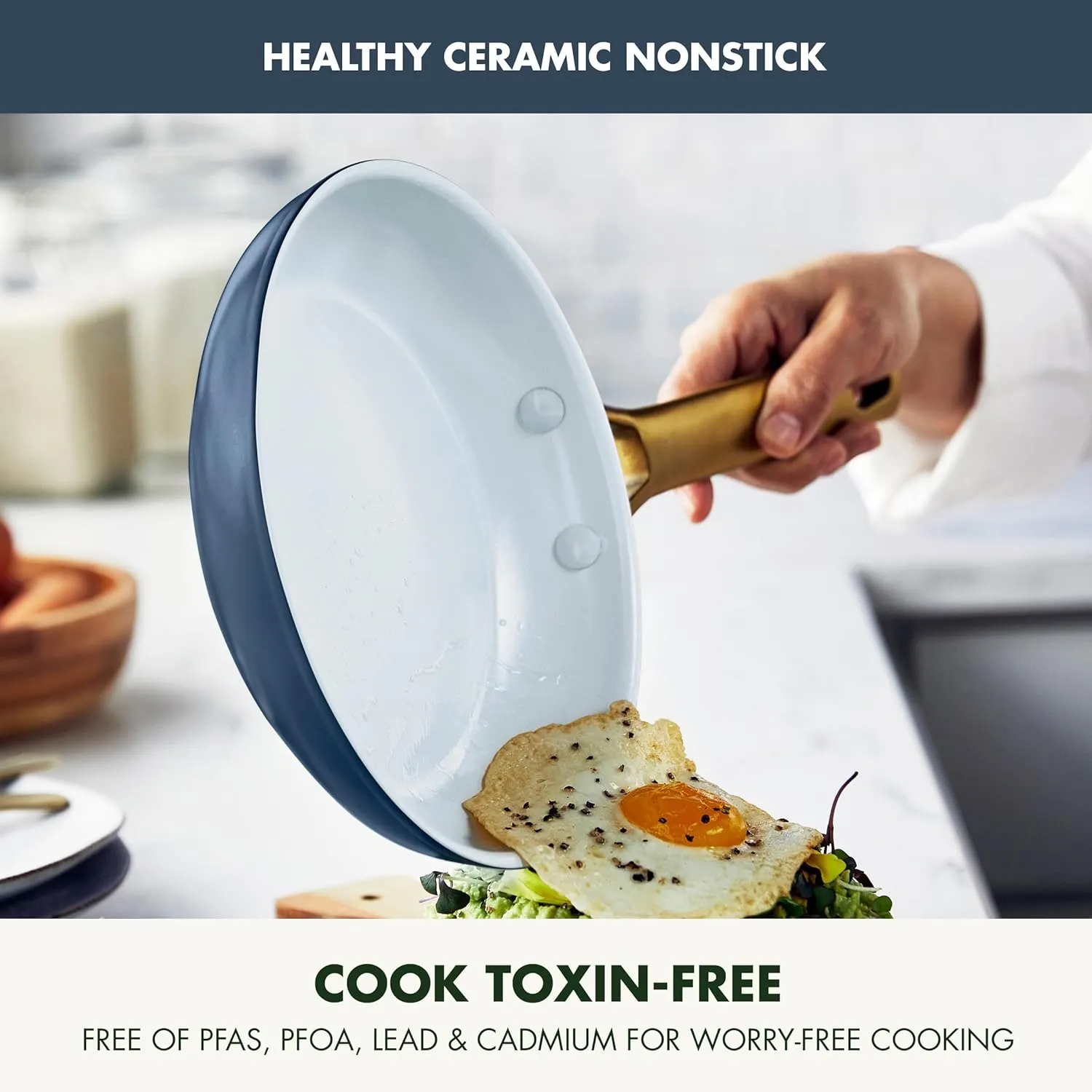 GreenPan 3 Piece Frying Pan Set, Induction Compatible 8” 10” & 12” Skillets, Ceramic Nonstick PFOA & PFAS-Free, Hard Anodized, Gold Handles, Dishwasher and Oven Safe, Navy, Taupe, Cream