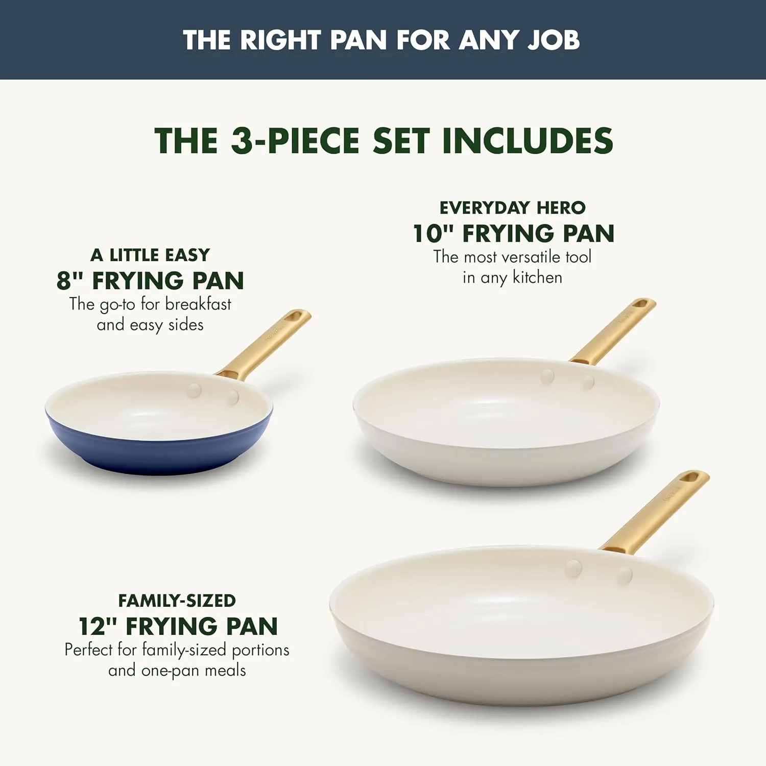 GreenPan 3 Piece Frying Pan Set, Induction Compatible 8” 10” & 12” Skillets, Ceramic Nonstick PFOA & PFAS-Free, Hard Anodized, Gold Handles, Dishwasher and Oven Safe, Navy, Taupe, Cream