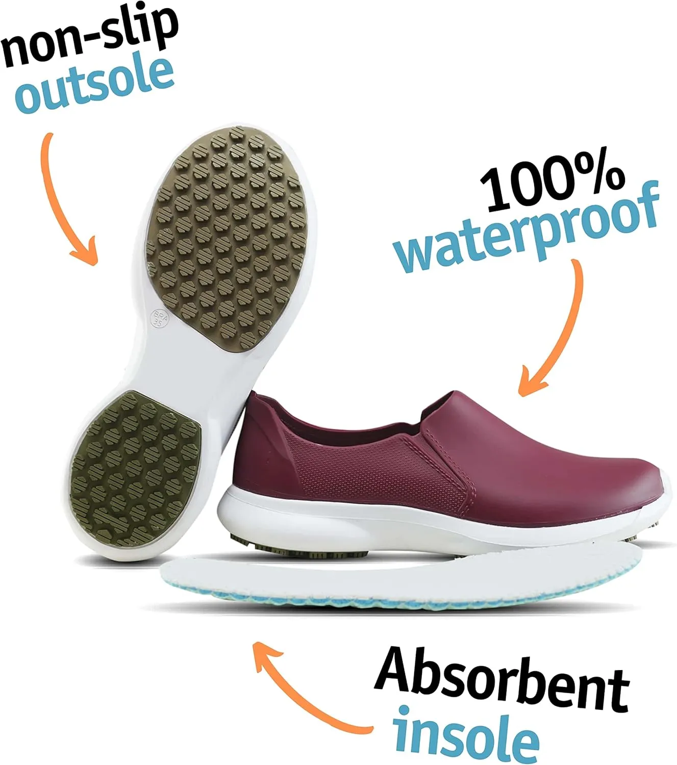 GRIP&COMFY Waterproof Shoes for Women - Slip on - Comfortable Non Slip Walking Rain Shoes - Soft Thermoplastic Rubber Sneakers - Garden Nurses Chefs All Weather Lightweight