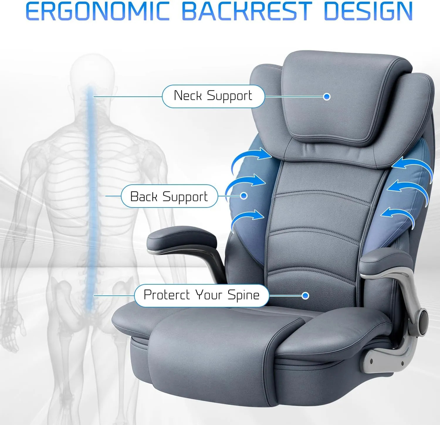 GYI Big and Tall Office Chair 400lb Wide Seat, Ergonomic High Back Leather Executive Desk Chair with Flip-up Arms, Gray/Blue