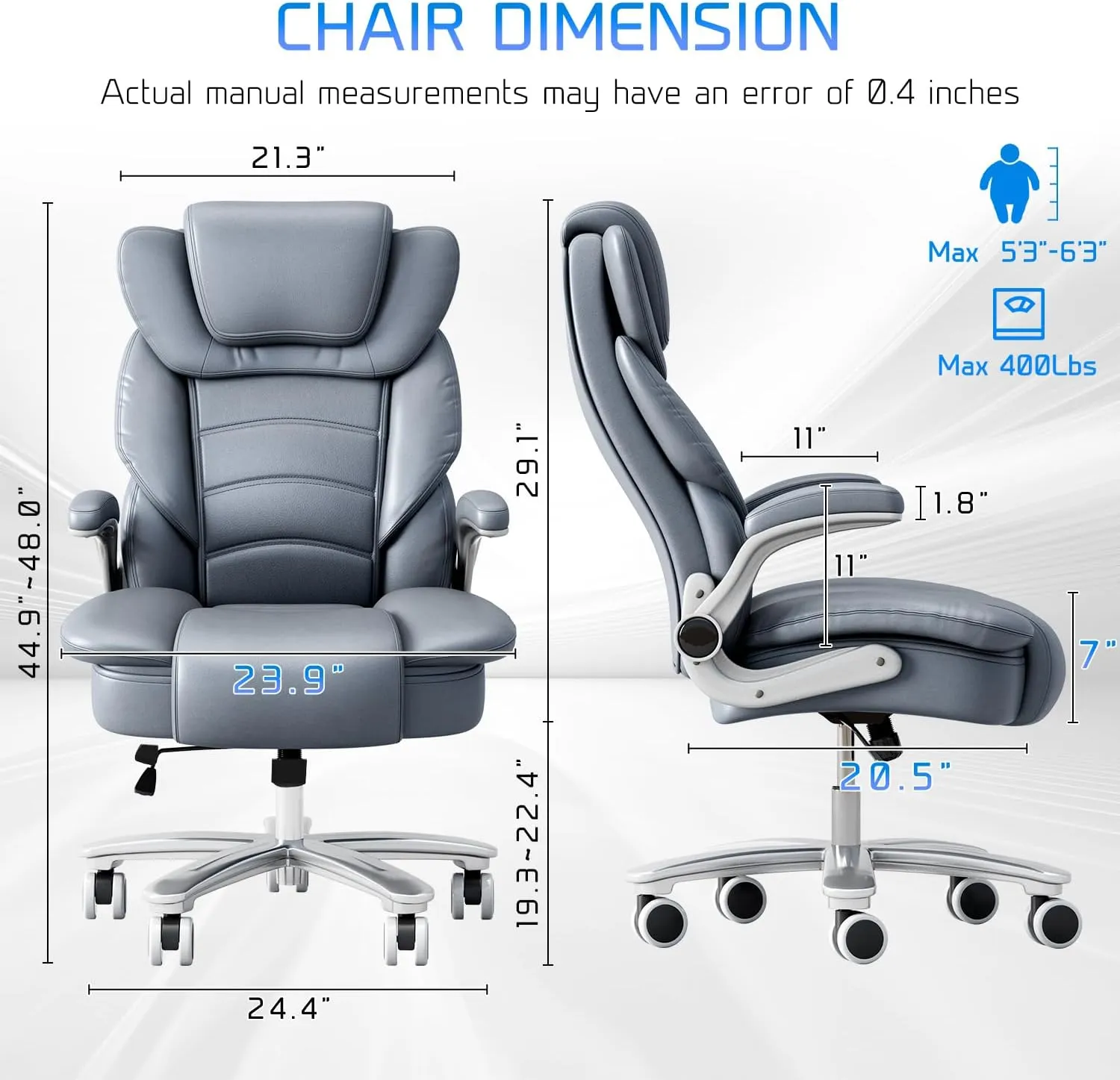 GYI Big and Tall Office Chair 400lb Wide Seat, Ergonomic High Back Leather Executive Desk Chair with Flip-up Arms, Gray/Blue