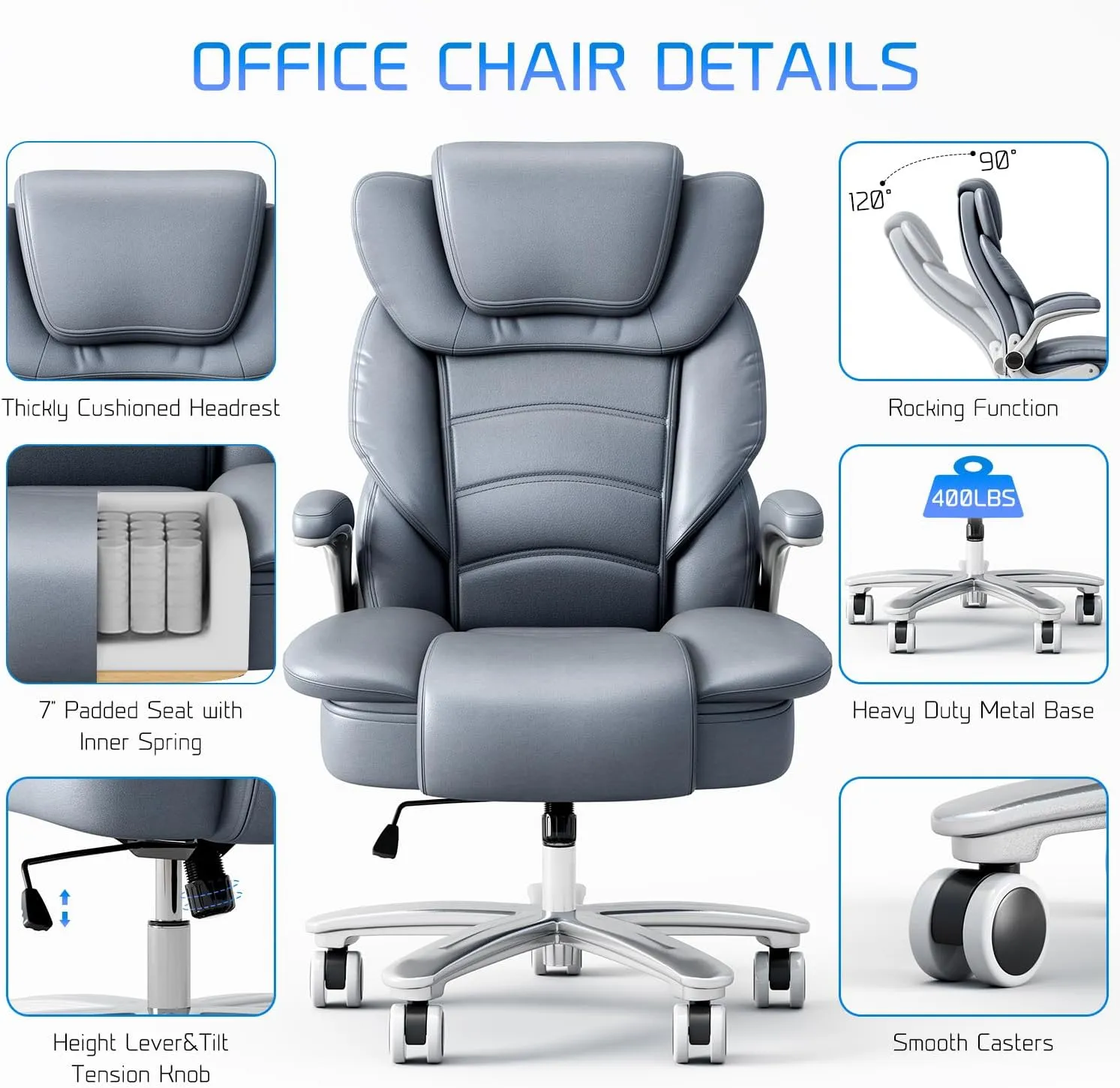 GYI Big and Tall Office Chair 400lb Wide Seat, Ergonomic High Back Leather Executive Desk Chair with Flip-up Arms, Gray/Blue