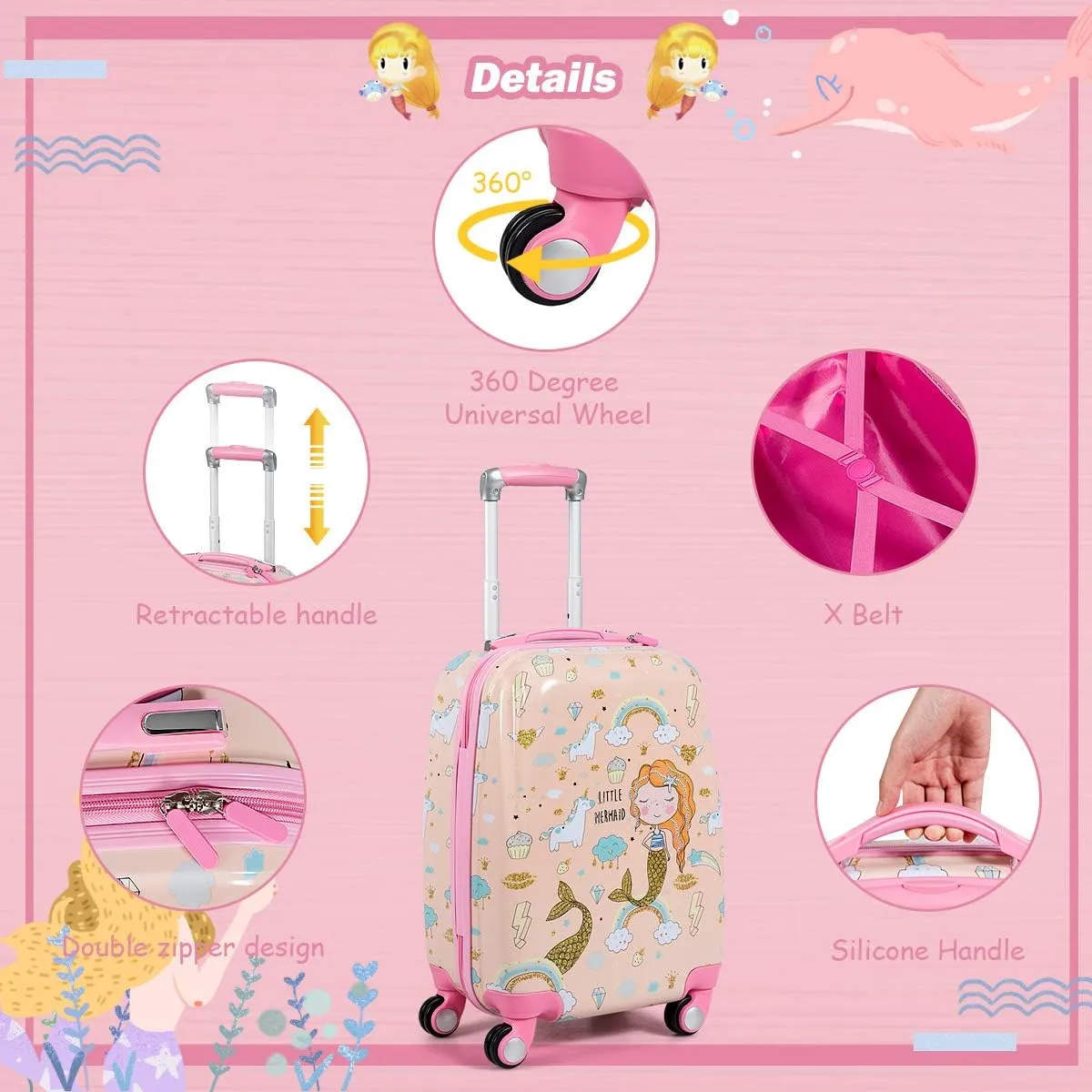 GYMAX 2Pc Kid Carry On Luggage Set, 12" & 18" Kids Suitcase with 4 Spinner Wheels, Travel Rolling Trolley