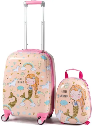 GYMAX 2Pc Kid Carry On Luggage Set, 12" & 18" Kids Suitcase with 4 Spinner Wheels, Travel Rolling Trolley