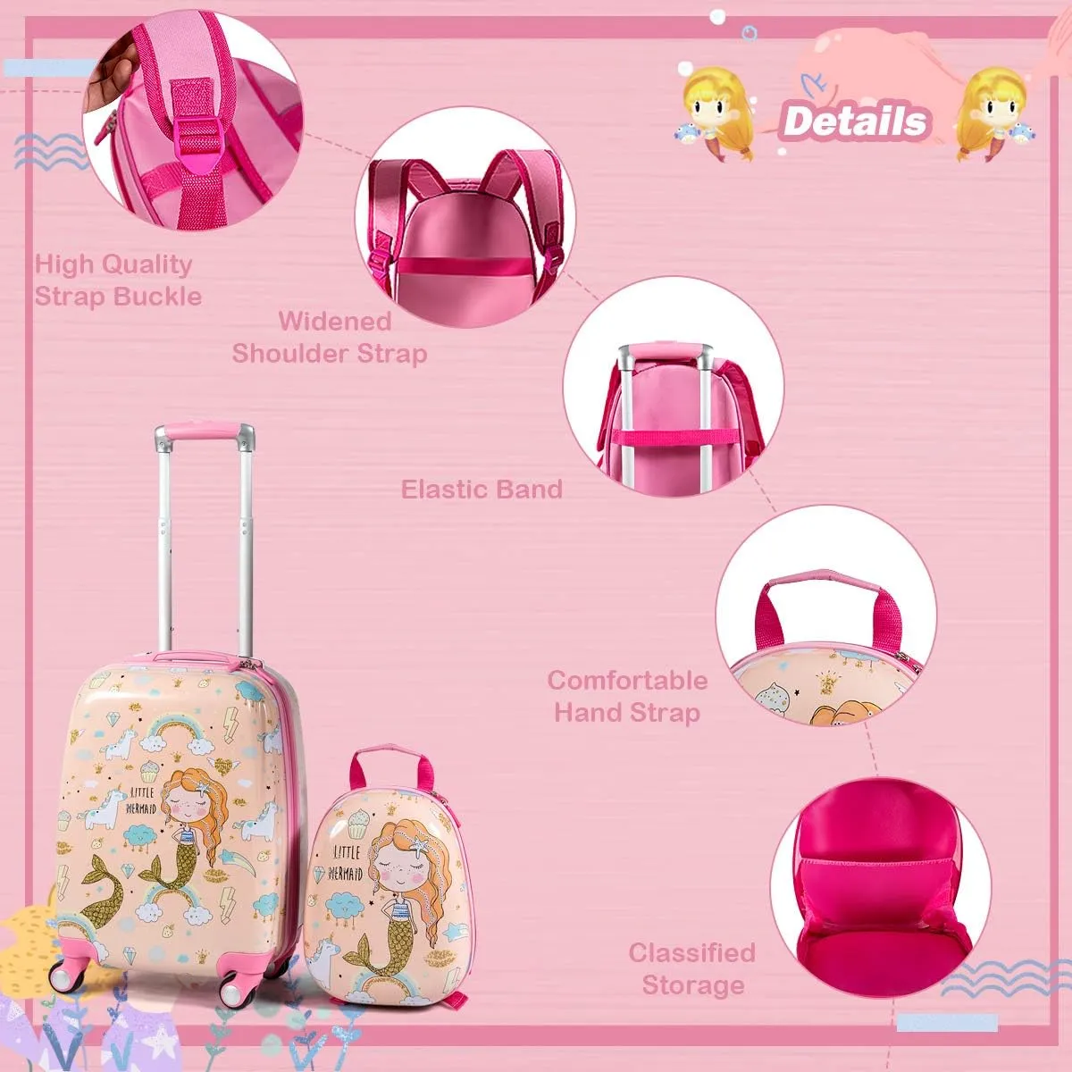 GYMAX 2Pc Kid Carry On Luggage Set, 12" & 18" Kids Suitcase with 4 Spinner Wheels, Travel Rolling Trolley