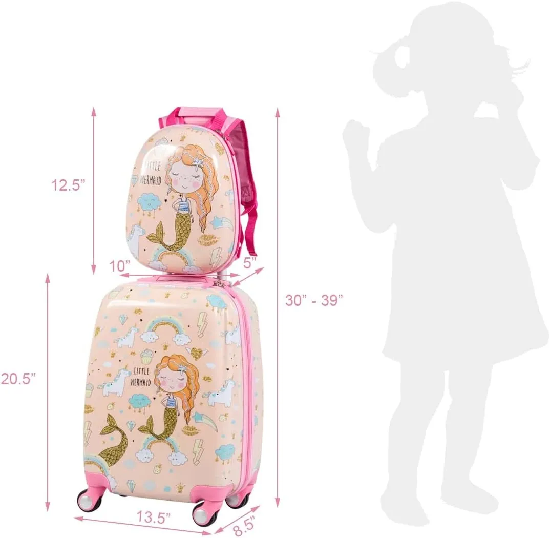 GYMAX 2Pc Kid Carry On Luggage Set, 12" & 18" Kids Suitcase with 4 Spinner Wheels, Travel Rolling Trolley