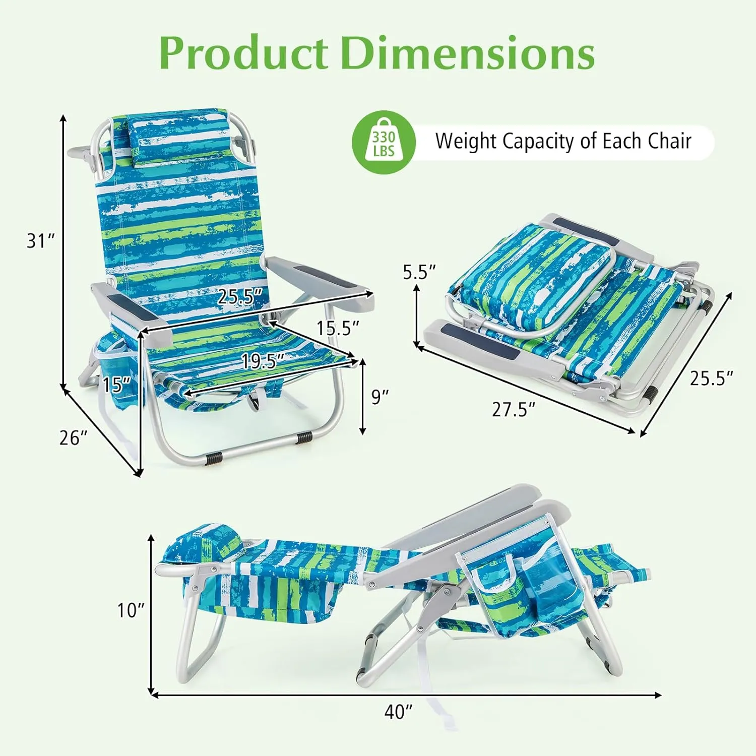 GYMAX Beach Chair, 330lbs Backpack Lounger with 5-Position Backrest, Storage Bag, Side Pocket, Towel Bar & Headrest, Foldable Low Beach Lounge, Portable Aluminum Lay Out Camp Chair (2, Blue)