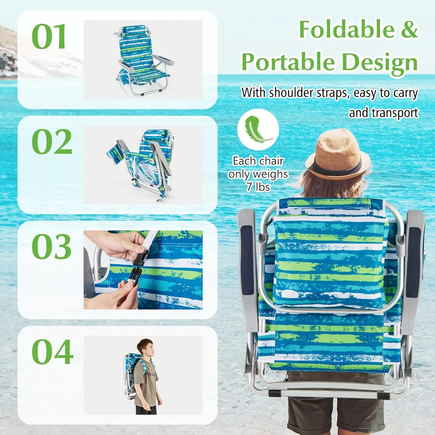 GYMAX Beach Chair, 330lbs Backpack Lounger with 5-Position Backrest, Storage Bag, Side Pocket, Towel Bar & Headrest, Foldable Low Beach Lounge, Portable Aluminum Lay Out Camp Chair (2, Blue)