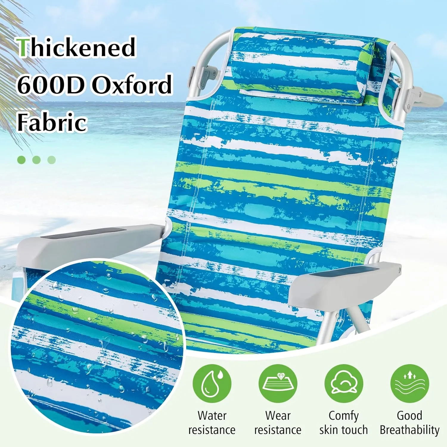 GYMAX Beach Chair, 330lbs Backpack Lounger with 5-Position Backrest, Storage Bag, Side Pocket, Towel Bar & Headrest, Foldable Low Beach Lounge, Portable Aluminum Lay Out Camp Chair (2, Blue)