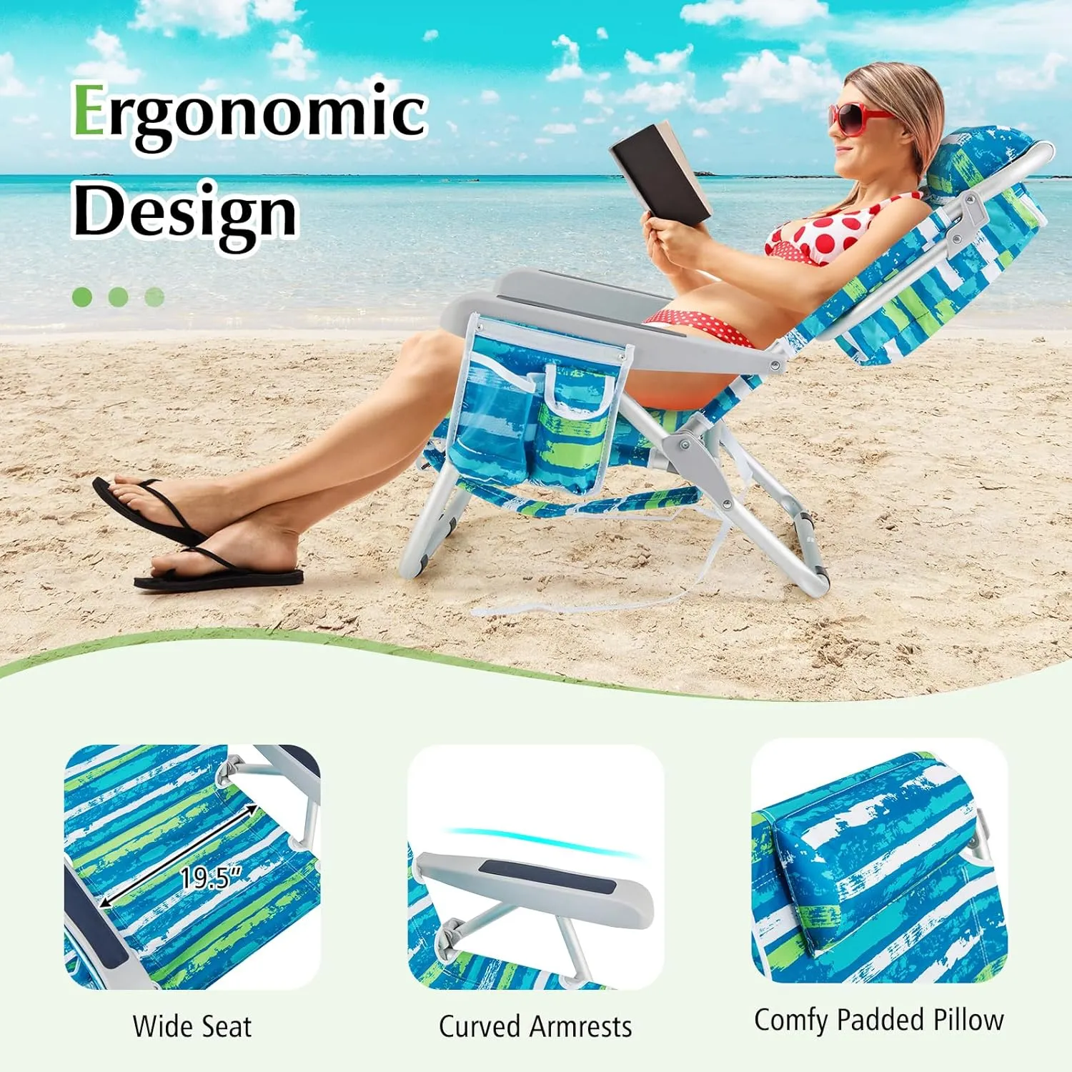 GYMAX Beach Chair, 330lbs Backpack Lounger with 5-Position Backrest, Storage Bag, Side Pocket, Towel Bar & Headrest, Foldable Low Beach Lounge, Portable Aluminum Lay Out Camp Chair (2, Blue)