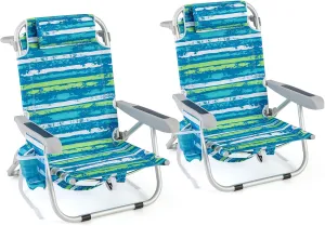 GYMAX Beach Chair, 330lbs Backpack Lounger with 5-Position Backrest, Storage Bag, Side Pocket, Towel Bar & Headrest, Foldable Low Beach Lounge, Portable Aluminum Lay Out Camp Chair (2, Blue)