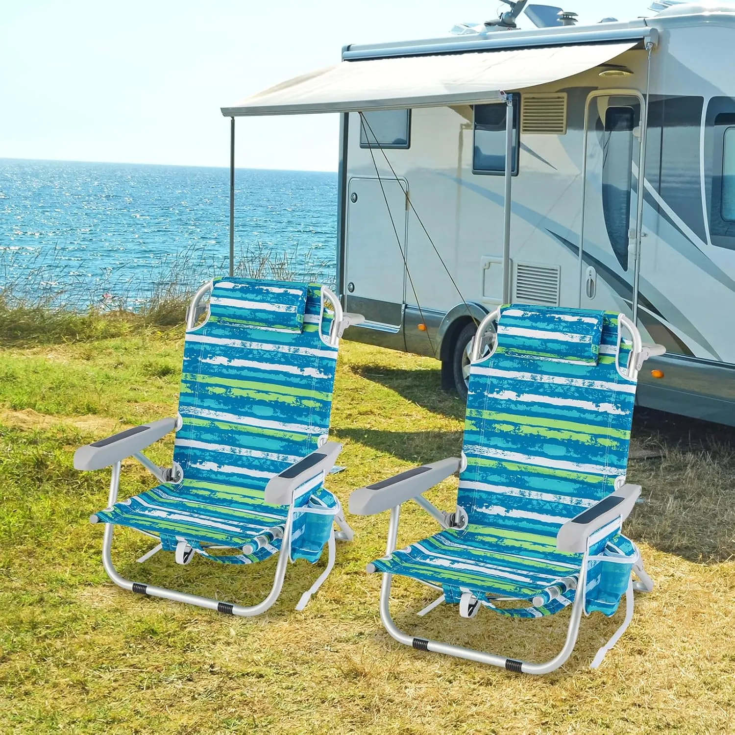 GYMAX Beach Chair, 330lbs Backpack Lounger with 5-Position Backrest, Storage Bag, Side Pocket, Towel Bar & Headrest, Foldable Low Beach Lounge, Portable Aluminum Lay Out Camp Chair (2, Blue)