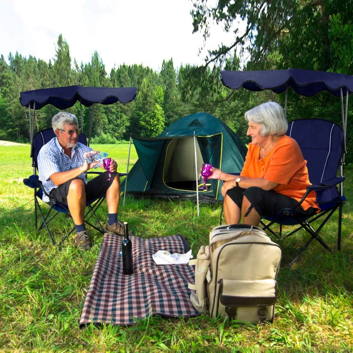 GYMAX Camping Chair, Folding Outdoor Lawn Chair with Canopy, Carry Bag & Cup Holder, Portable Heavy Duty Camp Chair for Outside Travel, Picnic, Beach Soccer Chairs