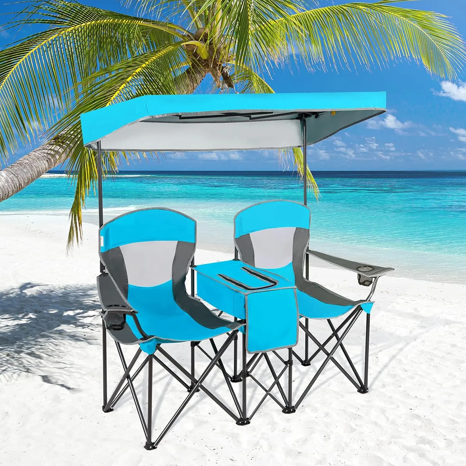GYMAX Double Camping Chair, Beach Chair with Canopy Shade, Adjustable UV Protection, Cooler, Cup Holder & Carry Bag, Folding Portable Lawn Soccer Camp Chair with Umbrella for Adults (Blue, 2 Person)