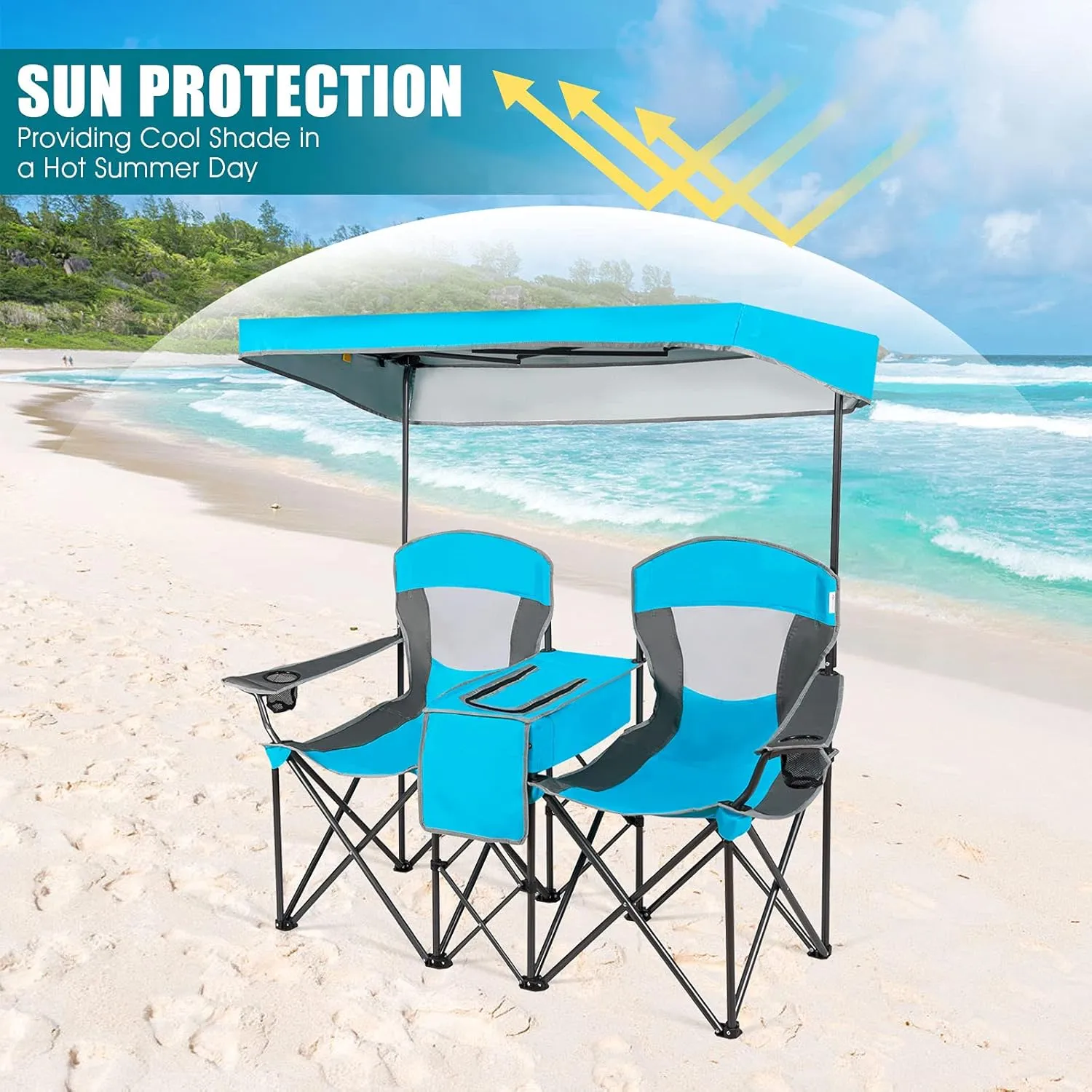 GYMAX Double Camping Chair, Beach Chair with Canopy Shade, Adjustable UV Protection, Cooler, Cup Holder & Carry Bag, Folding Portable Lawn Soccer Camp Chair with Umbrella for Adults (Blue, 2 Person)