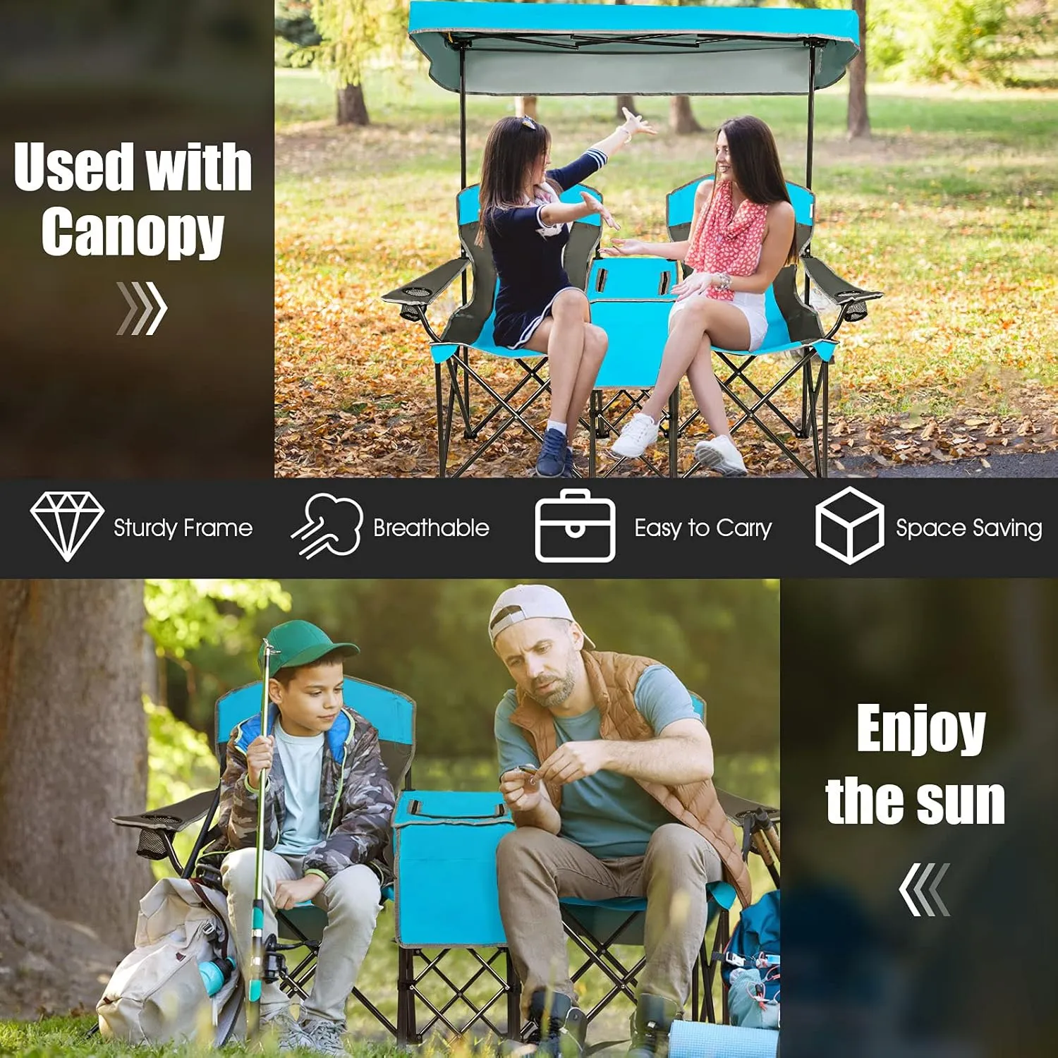 GYMAX Double Camping Chair, Beach Chair with Canopy Shade, Adjustable UV Protection, Cooler, Cup Holder & Carry Bag, Folding Portable Lawn Soccer Camp Chair with Umbrella for Adults (Blue, 2 Person)