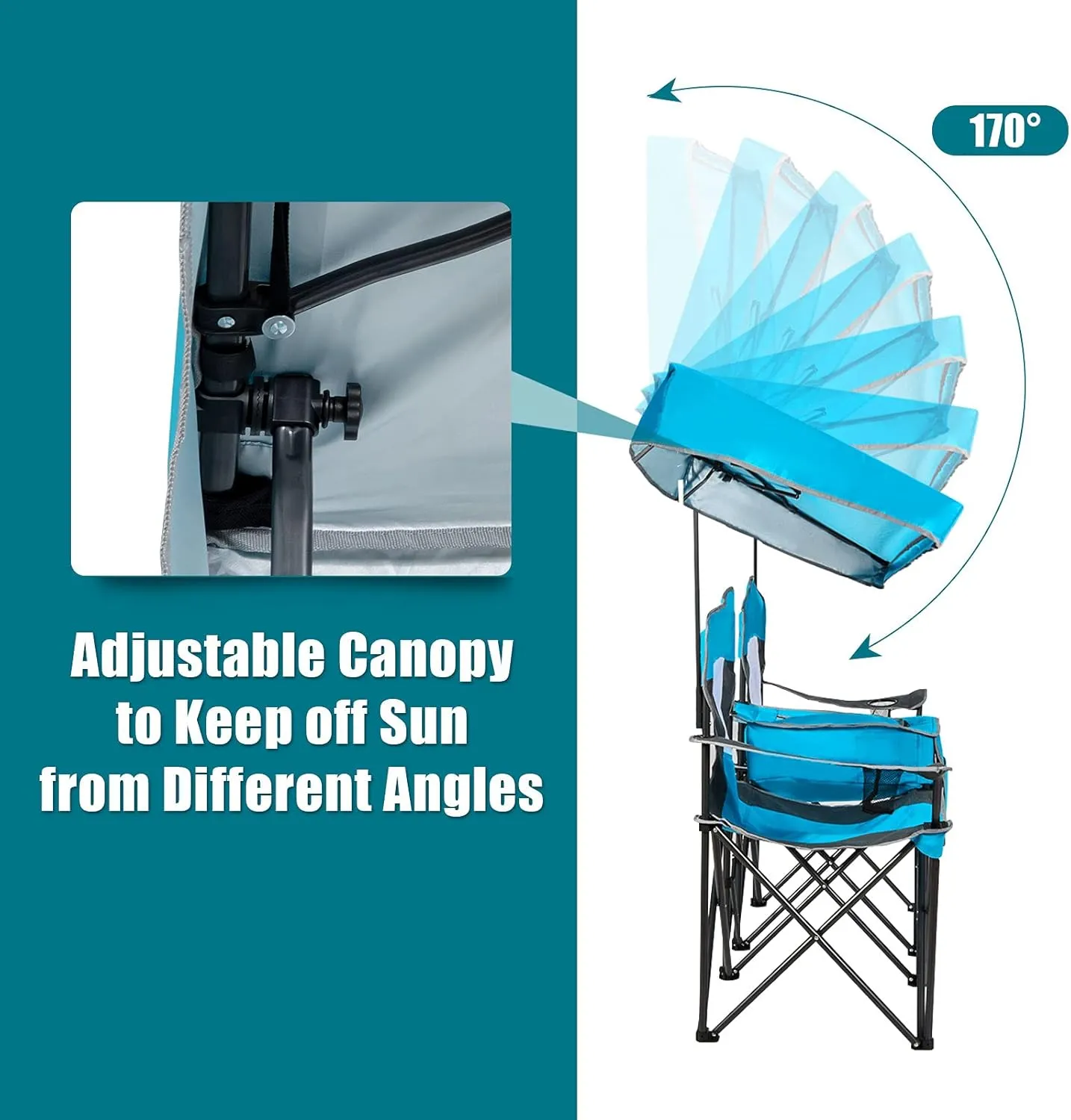 GYMAX Double Camping Chair, Beach Chair with Canopy Shade, Adjustable UV Protection, Cooler, Cup Holder & Carry Bag, Folding Portable Lawn Soccer Camp Chair with Umbrella for Adults (Blue, 2 Person)