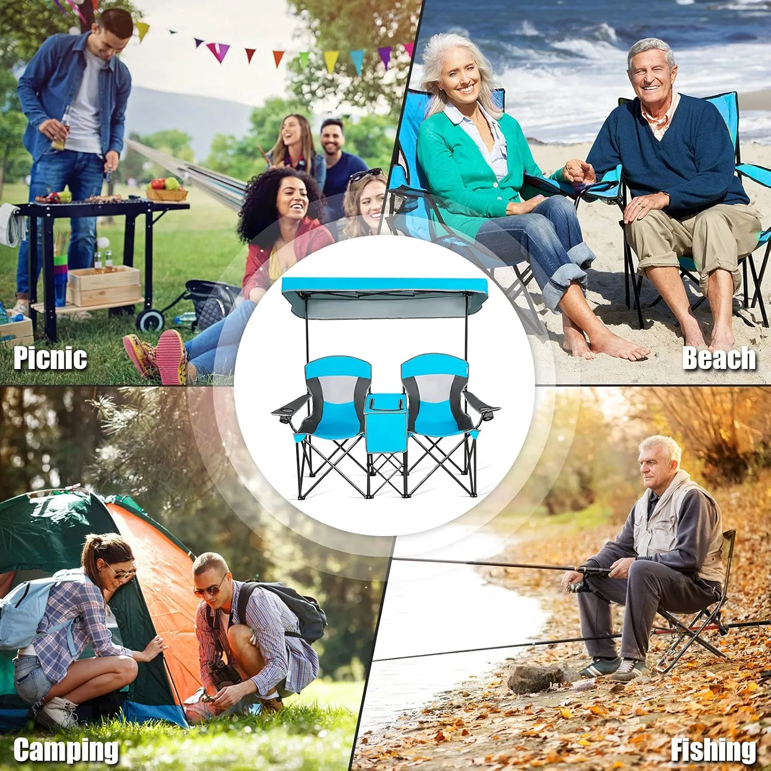 GYMAX Double Camping Chair, Beach Chair with Canopy Shade, Adjustable UV Protection, Cooler, Cup Holder & Carry Bag, Folding Portable Lawn Soccer Camp Chair with Umbrella for Adults (Blue, 2 Person)