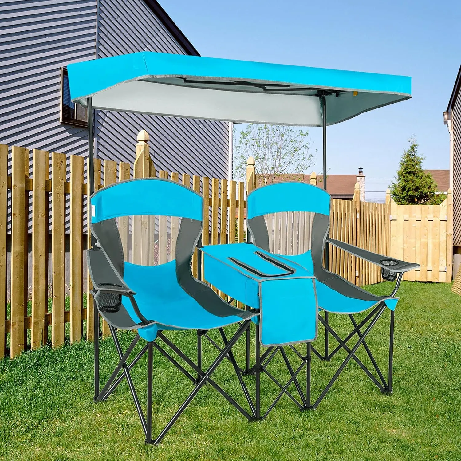 GYMAX Double Camping Chair, Beach Chair with Canopy Shade, Adjustable UV Protection, Cooler, Cup Holder & Carry Bag, Folding Portable Lawn Soccer Camp Chair with Umbrella for Adults (Blue, 2 Person)