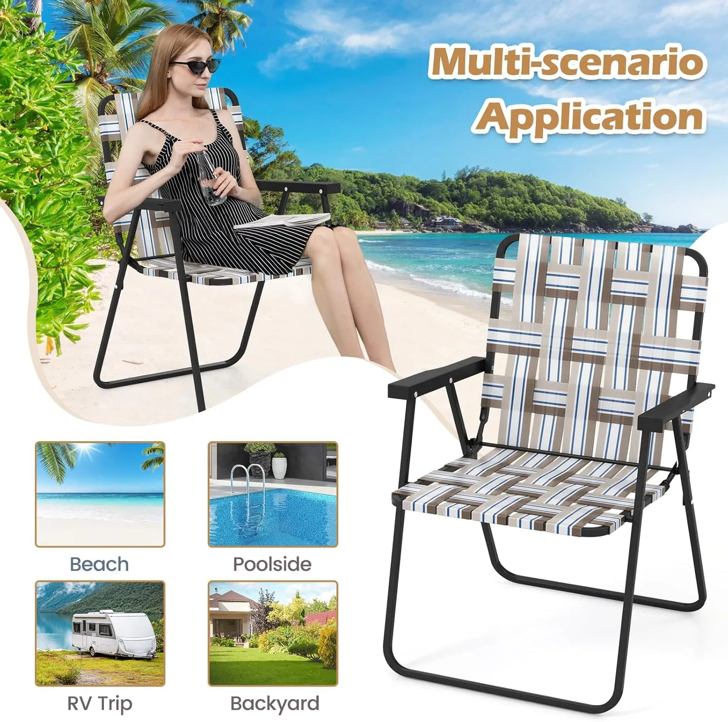 GYMAX Folding Chair, Patio Lawn Chair Set with Armrest, Indoor/Outdoor 4 Pack Webbed Lightweight Dinning Chair, Portable Beach Chair for Outside, Poolside, Backyard (Coffee, 4)