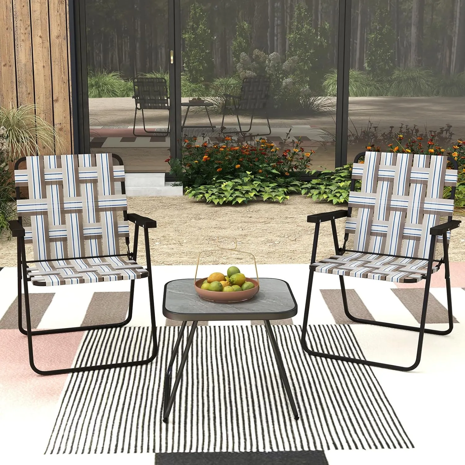 GYMAX Folding Chair, Patio Lawn Chair Set with Armrest, Indoor/Outdoor 4 Pack Webbed Lightweight Dinning Chair, Portable Beach Chair for Outside, Poolside, Backyard (Coffee, 4)