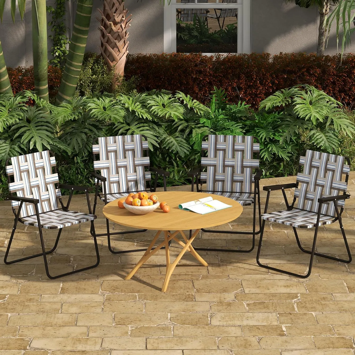 GYMAX Folding Chair, Patio Lawn Chair Set with Armrest, Indoor/Outdoor 4 Pack Webbed Lightweight Dinning Chair, Portable Beach Chair for Outside, Poolside, Backyard (Coffee, 4)