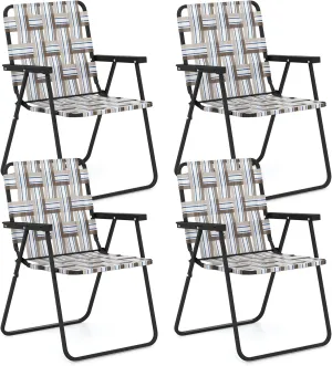 GYMAX Folding Chair, Patio Lawn Chair Set with Armrest, Indoor/Outdoor 4 Pack Webbed Lightweight Dinning Chair, Portable Beach Chair for Outside, Poolside, Backyard (Coffee, 4)