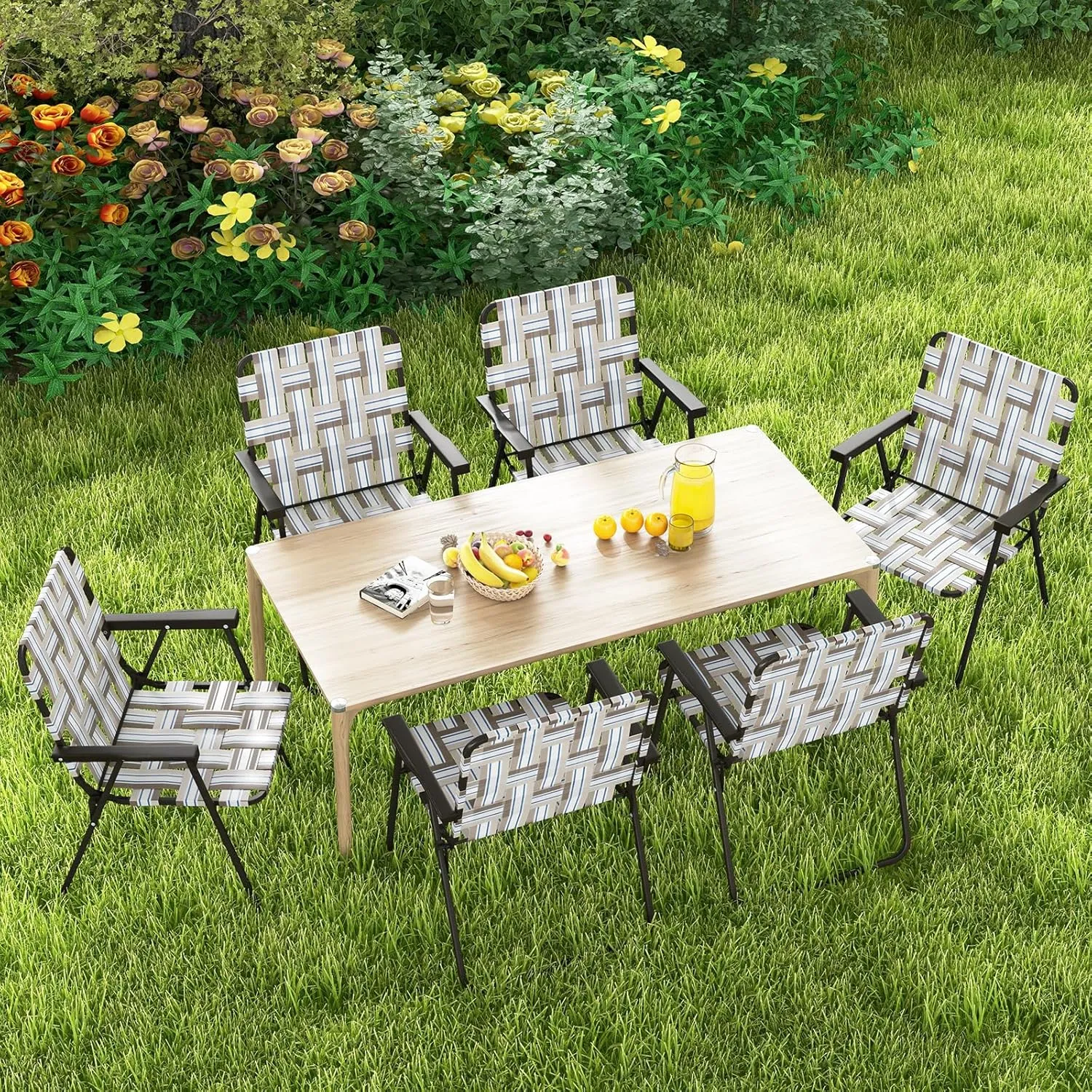GYMAX Folding Chair, Patio Lawn Chair Set with Armrest, Indoor/Outdoor 4 Pack Webbed Lightweight Dinning Chair, Portable Beach Chair for Outside, Poolside, Backyard (Coffee, 4)
