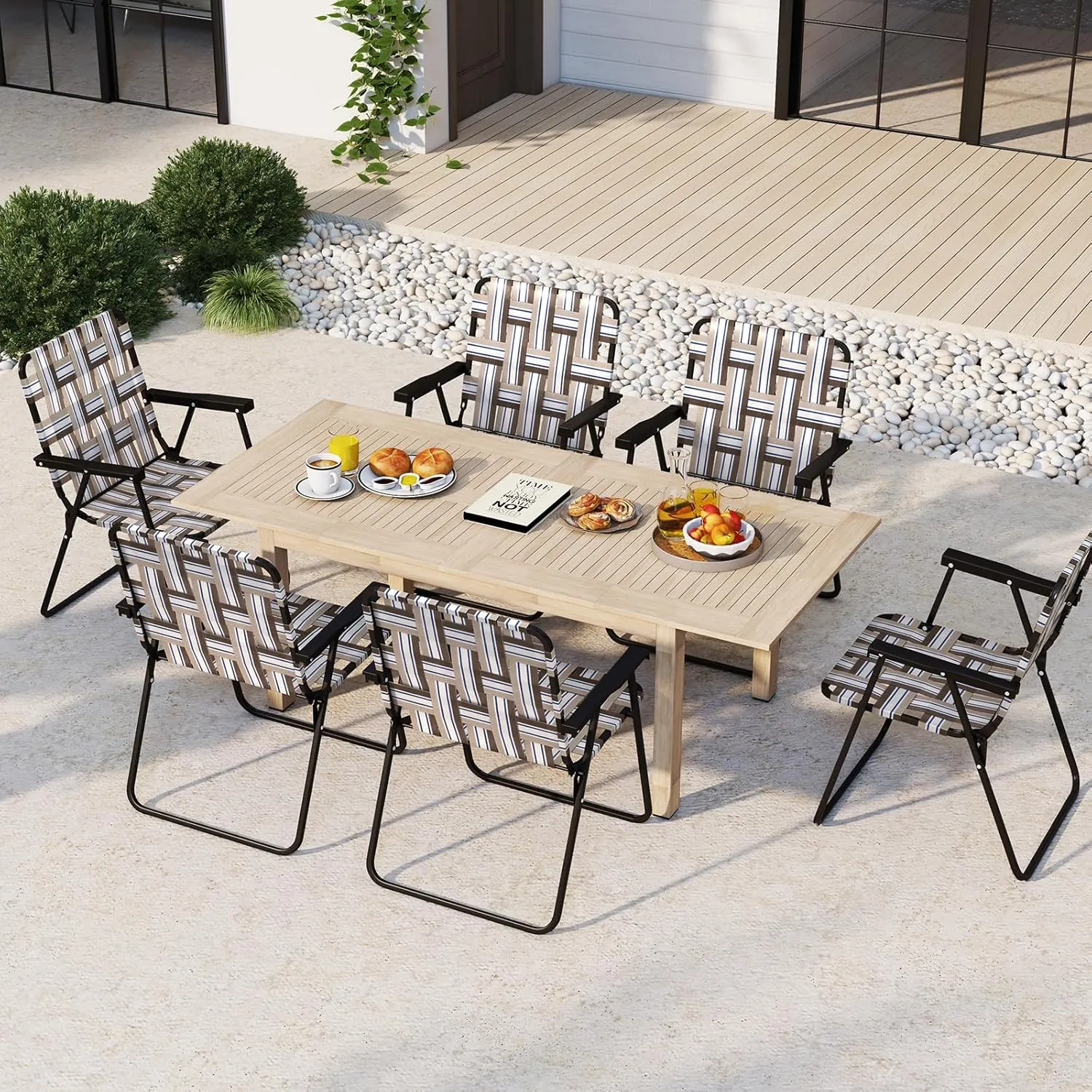 GYMAX Folding Chair, Patio Lawn Chair Set with Armrest, Indoor/Outdoor 4 Pack Webbed Lightweight Dinning Chair, Portable Beach Chair for Outside, Poolside, Backyard (Coffee, 4)