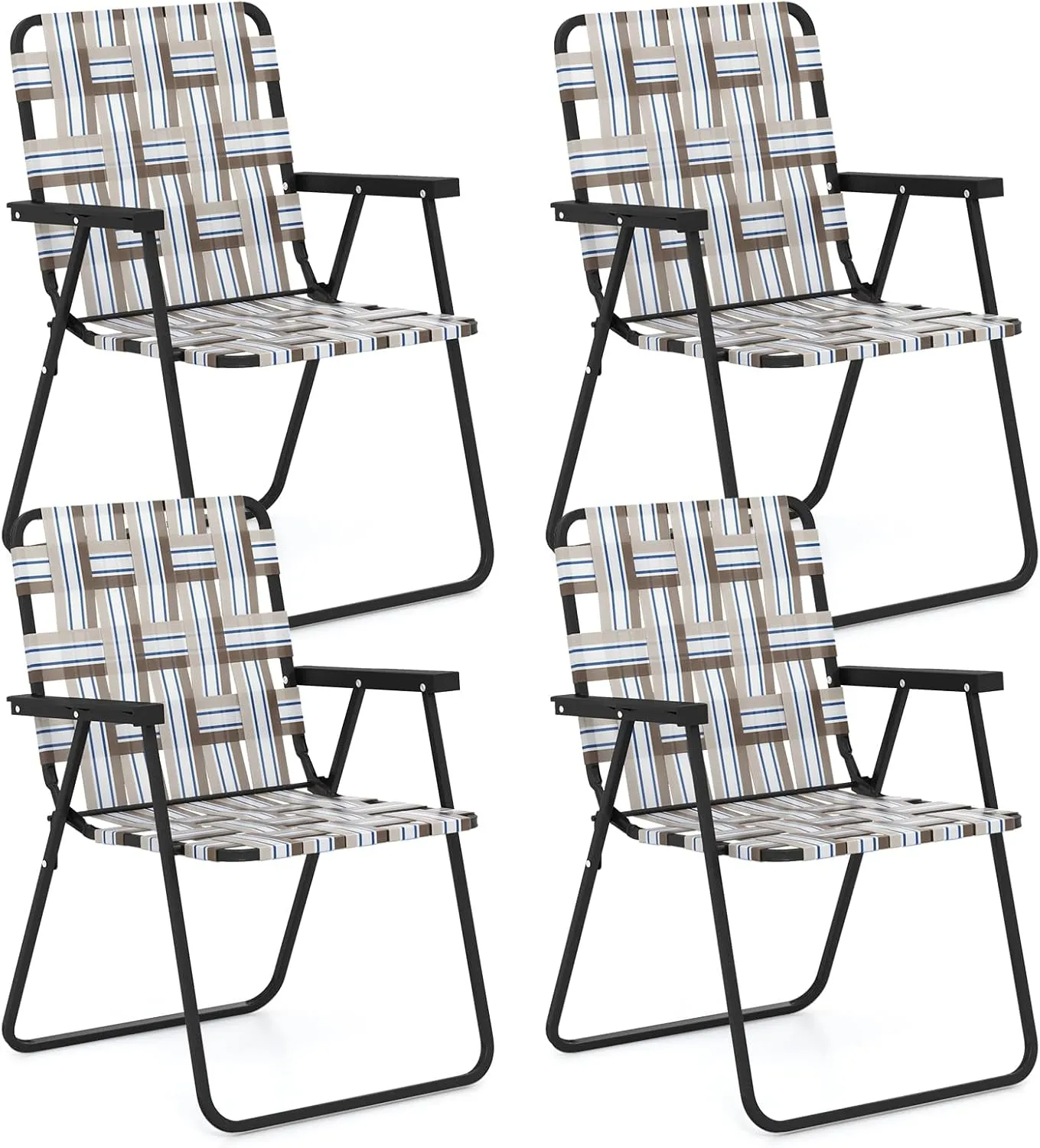 GYMAX Folding Chair, Patio Lawn Chair Set with Armrest, Indoor/Outdoor 4 Pack Webbed Lightweight Dinning Chair, Portable Beach Chair for Outside, Poolside, Backyard (Coffee, 4)
