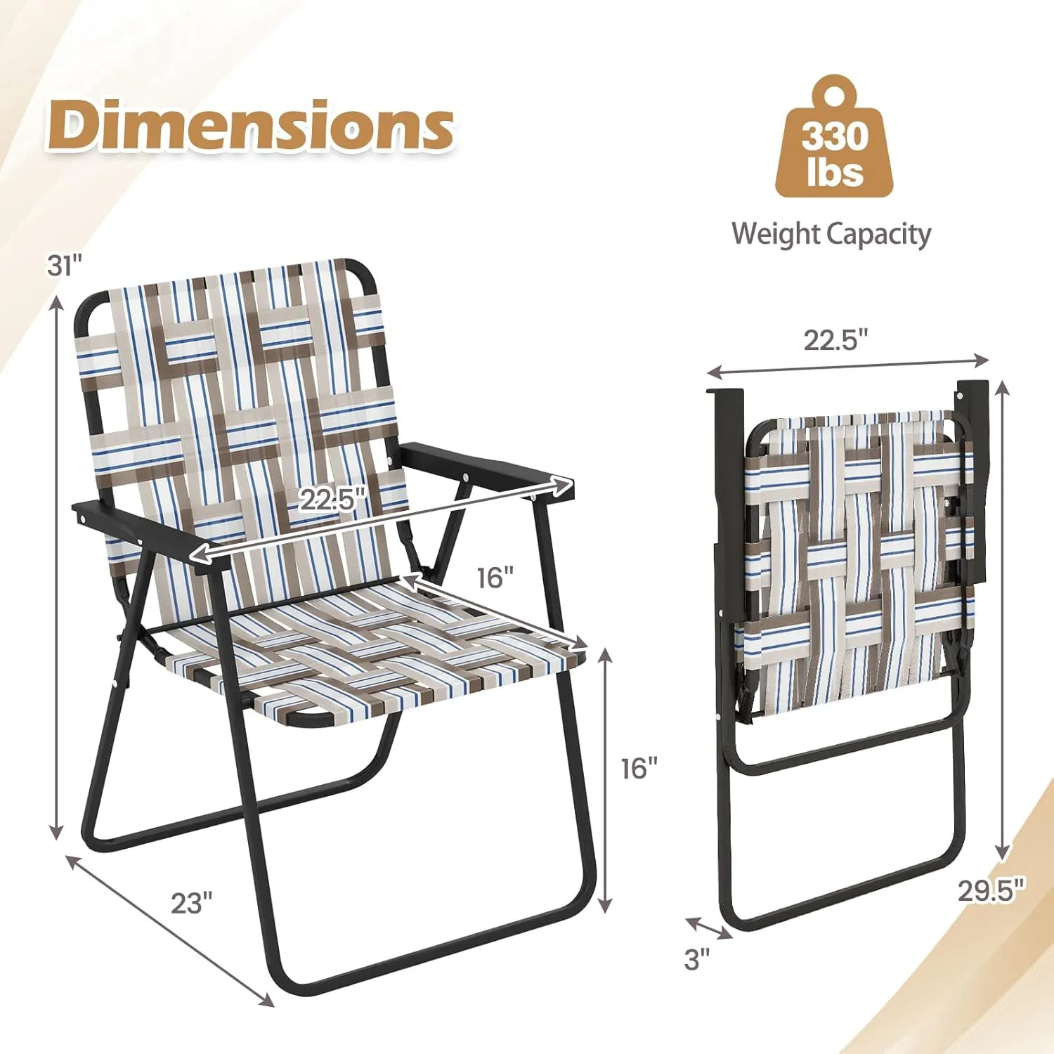 GYMAX Folding Chair, Patio Lawn Chair Set with Armrest, Indoor/Outdoor 4 Pack Webbed Lightweight Dinning Chair, Portable Beach Chair for Outside, Poolside, Backyard (Coffee, 4)