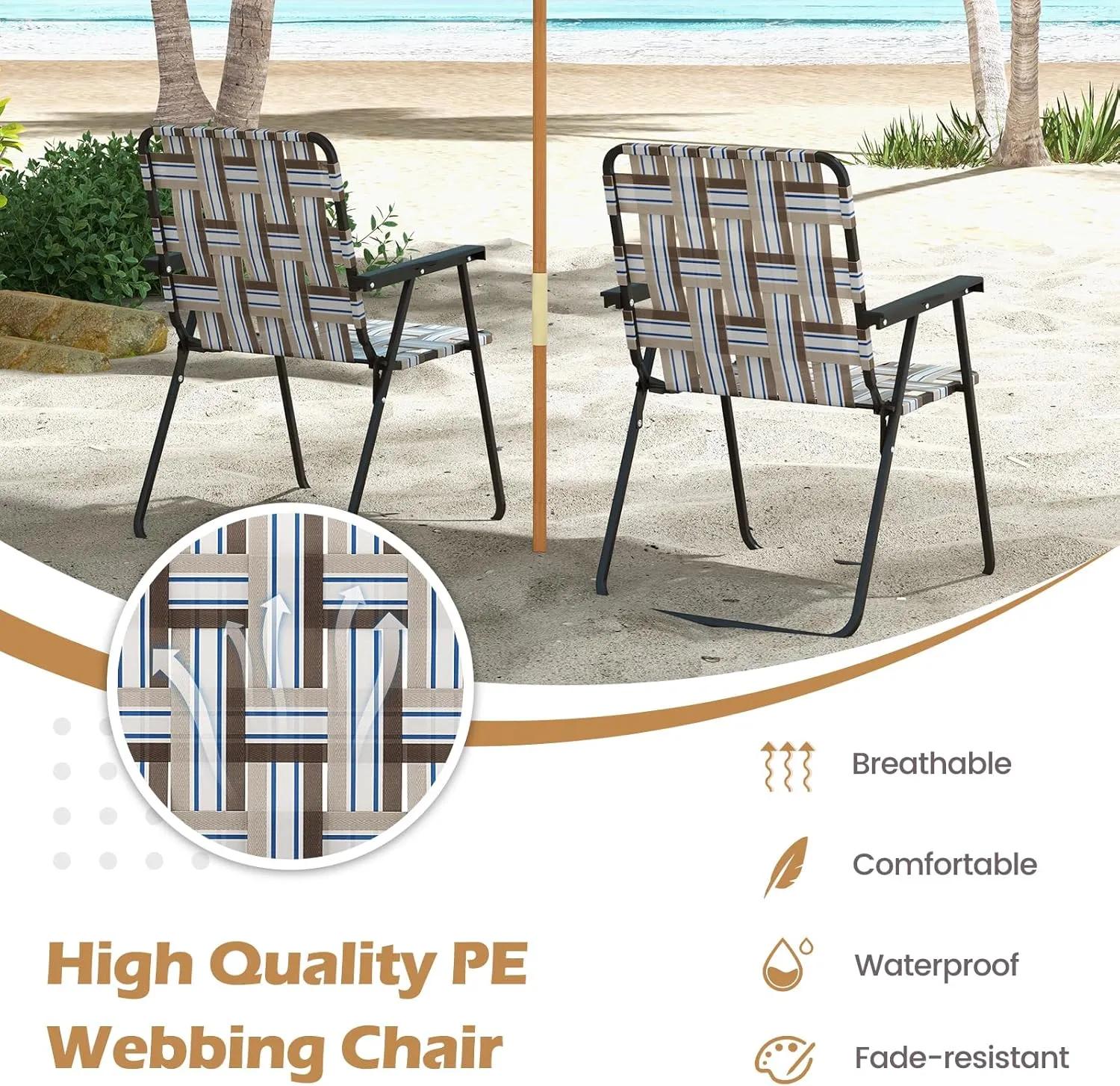 GYMAX Folding Chair, Patio Lawn Chair Set with Armrest, Indoor/Outdoor 4 Pack Webbed Lightweight Dinning Chair, Portable Beach Chair for Outside, Poolside, Backyard (Coffee, 4)