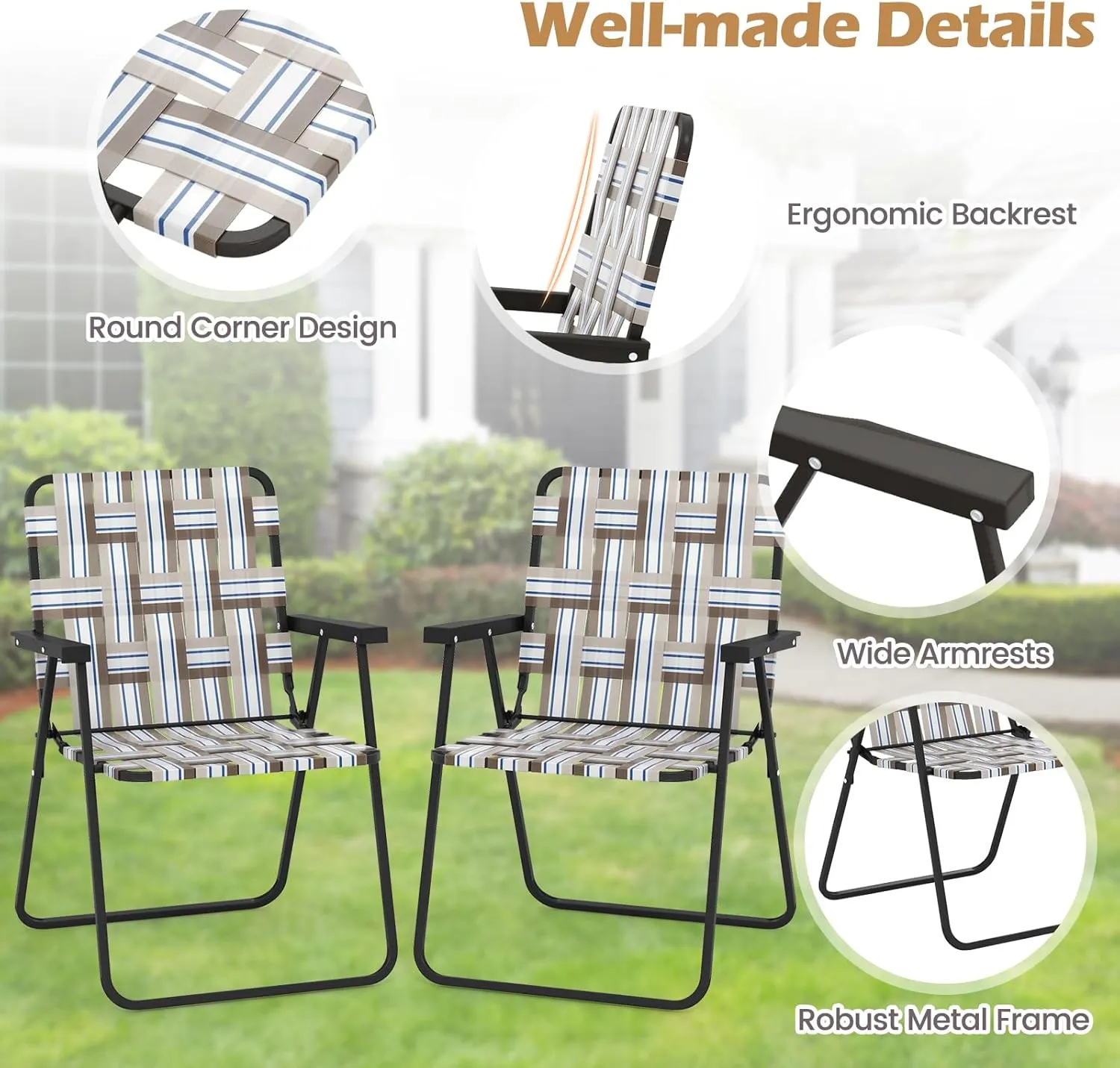 GYMAX Folding Chair, Patio Lawn Chair Set with Armrest, Indoor/Outdoor 4 Pack Webbed Lightweight Dinning Chair, Portable Beach Chair for Outside, Poolside, Backyard (Coffee, 4)