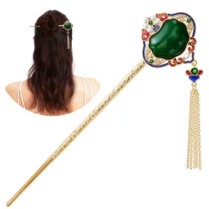 Hair Accessories，14k Gold Plated Copper，Vintage Handcrafted，6.69" Hair Chopsticks For Women，Colour Enamels Jade Longevity Lock Tassels Hair Stick，Hair Clip