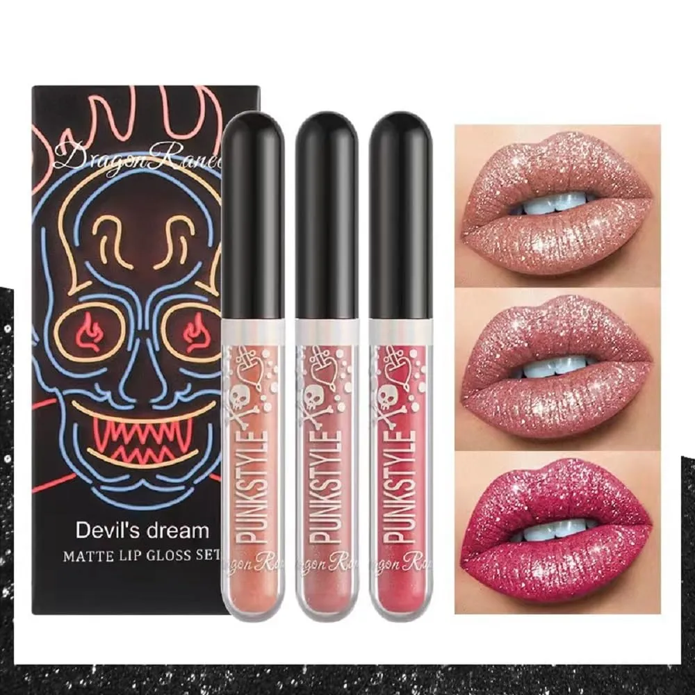 Halloween Diamond Three Box Lip Gloss Non-stick Cup Lipstick Bright Crystal Purple Black Lip Gloss Set (A)