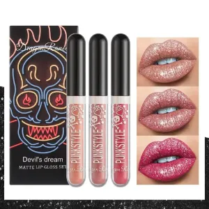 Halloween Diamond Three Box Lip Gloss Non-stick Cup Lipstick Bright Crystal Purple Black Lip Gloss Set (A)