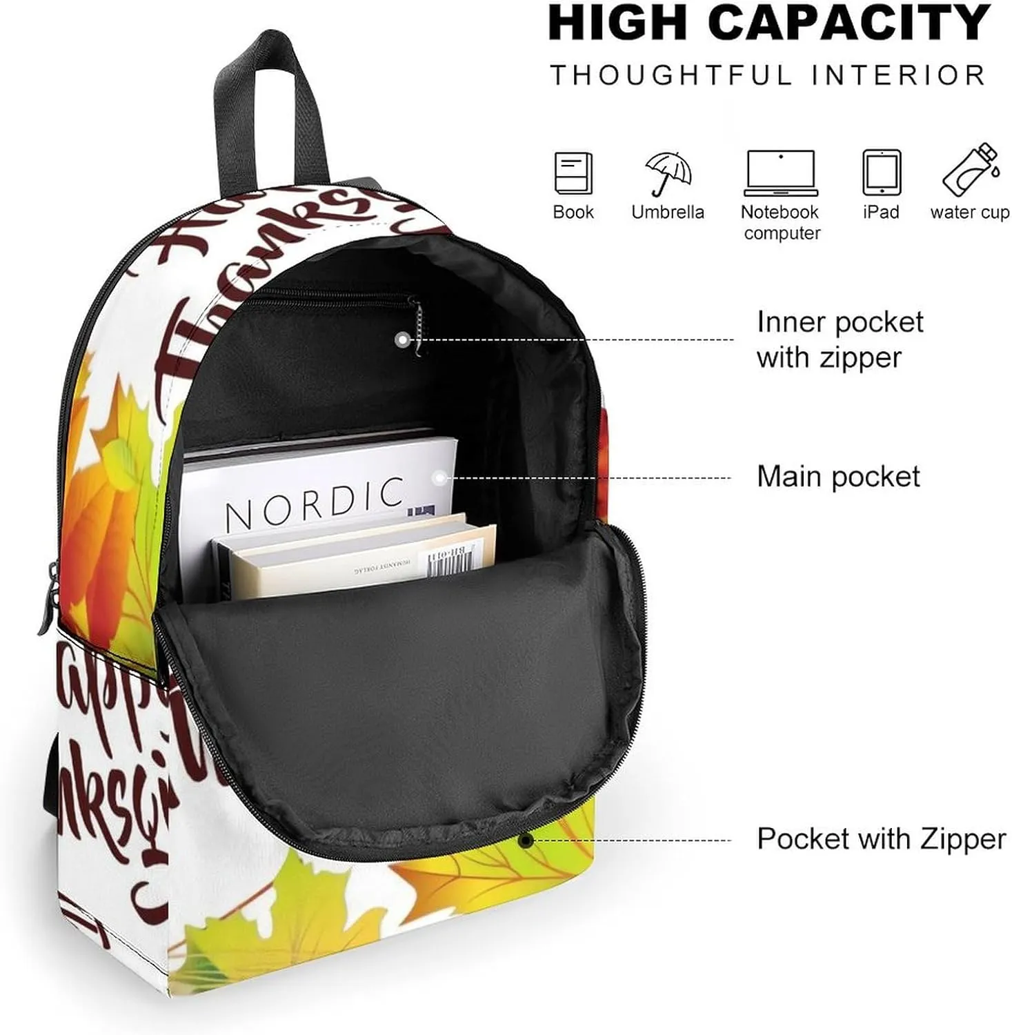 Happy Thanksgiving Foliage Classic Neutral Casual Lightweight Laptop Backpack Made of Materials, Suitable for Multiple Uses