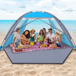 Happy Travel Beach Tent, UPF 50  UV Protection Sun Shade Shelter for 3/4/5/6/7/8 Person, Portable Beach Canopy for Family & Baby, Lightweight & Easy Setup Beach Cabana with 3 Ventilation Mesh Windows