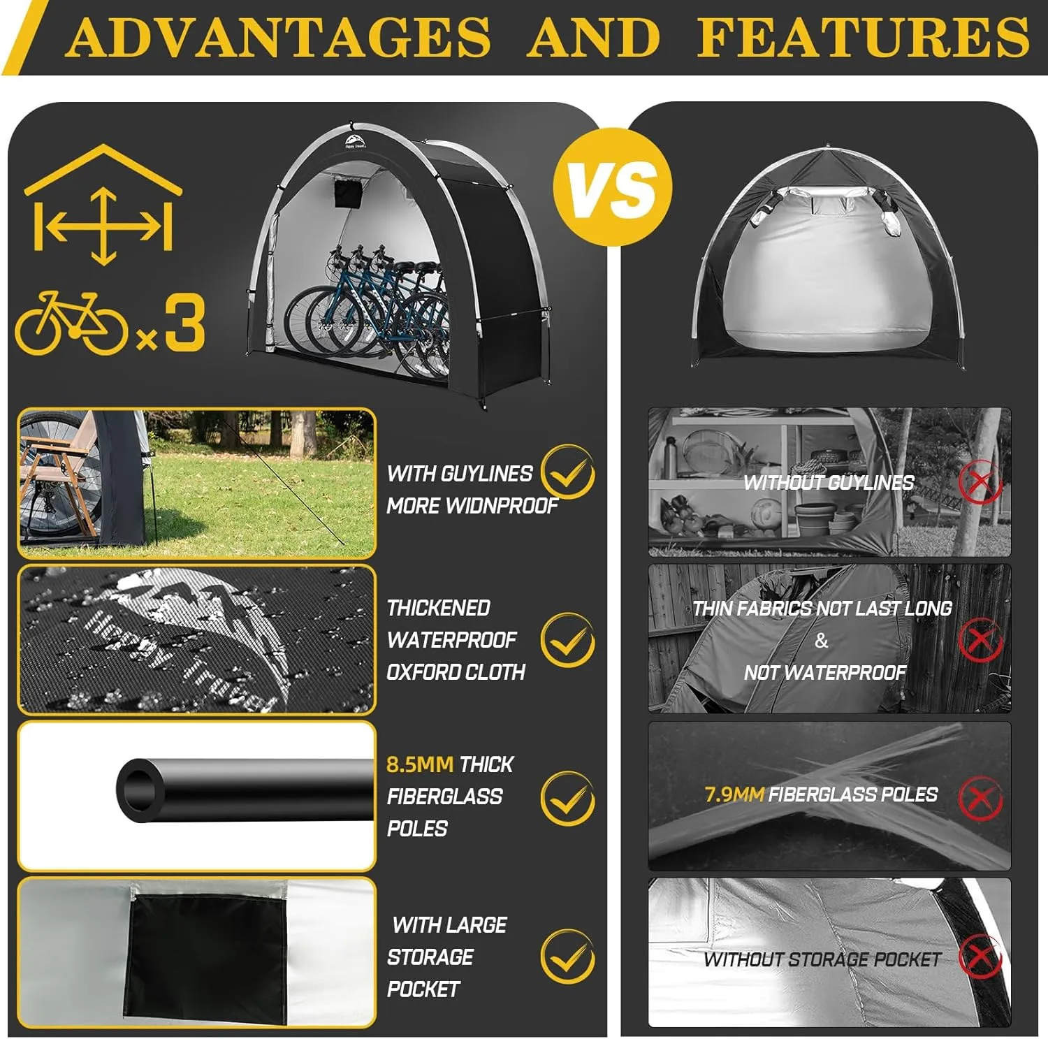 Happy Travel Bike Storage Shed Tent,Outdoor Portable Bicycle Storage Sheds with 210D Oxford Fabric PU4000 Waterproof for 2/3/4/6/8 Bikes,Bike Covers Shelter for Motorcycle,Garden Tools,Toys,Lawn Mower
