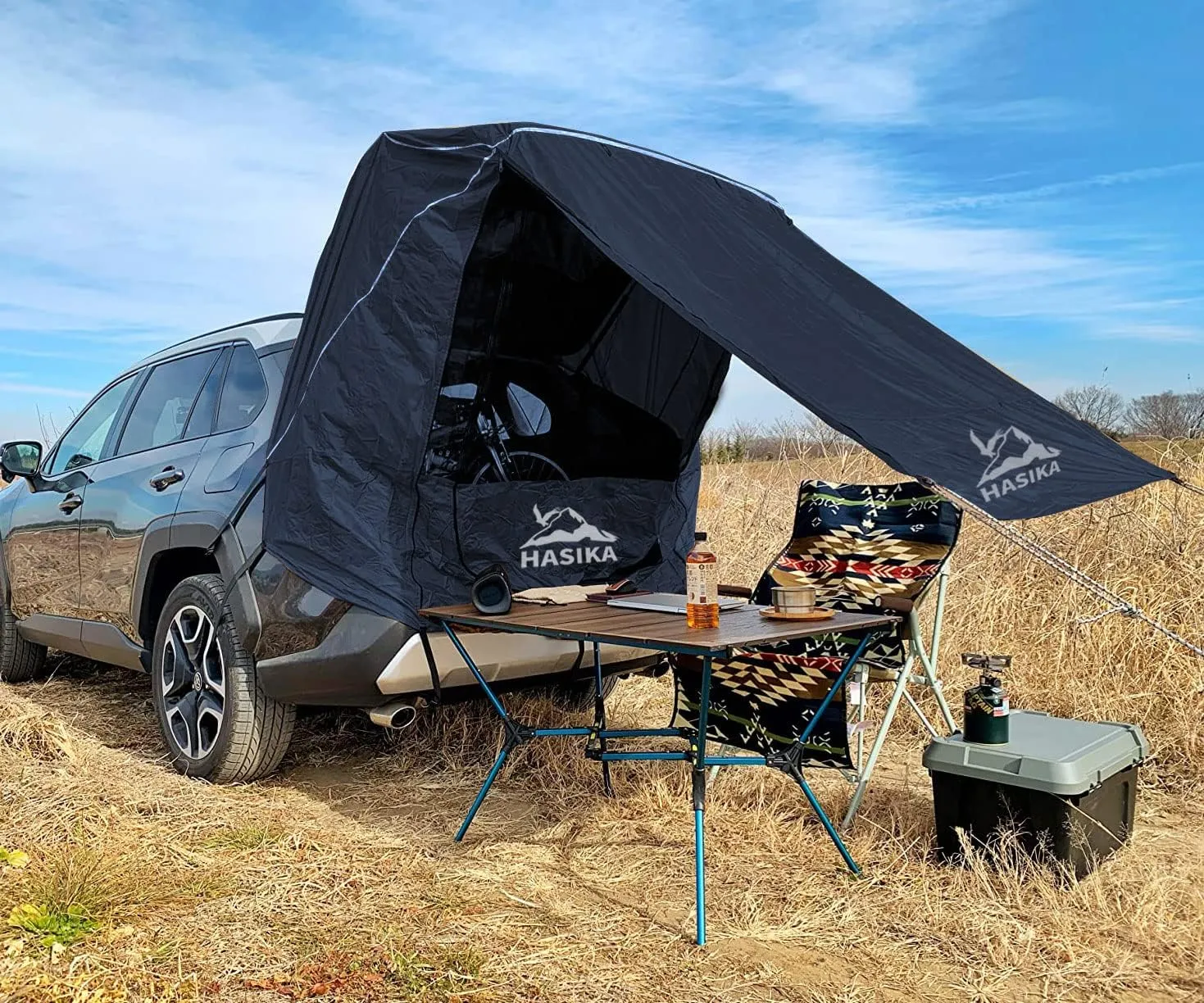 Hasika SUV Camping Tent Car Tailgate Shade Awning with Screen Net Waterproof 3000MM UPF 50  Black (Large)