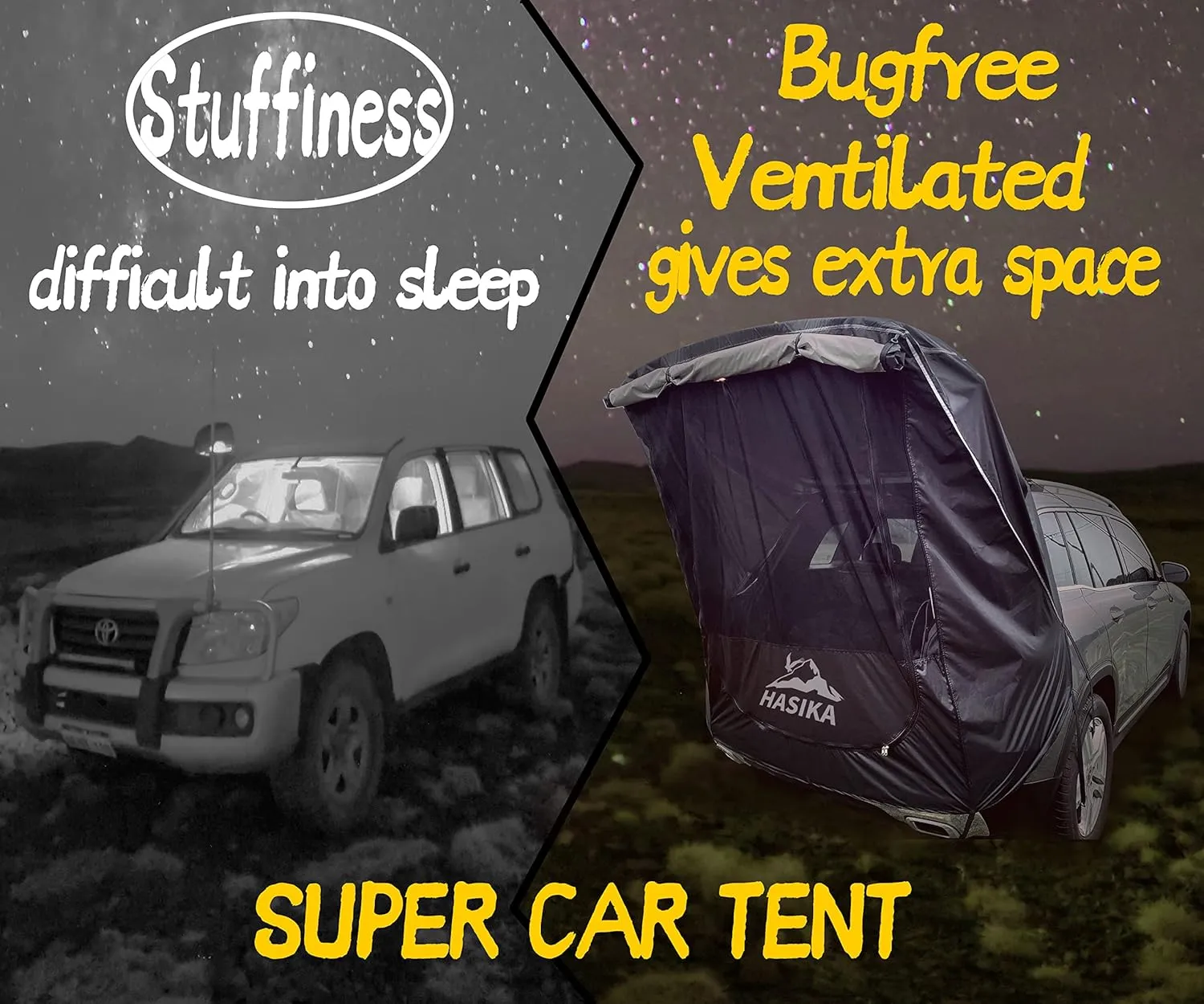 Hasika SUV Camping Tent Car Tailgate Shade Awning with Screen Net Waterproof 3000MM UPF 50  Black (Large)