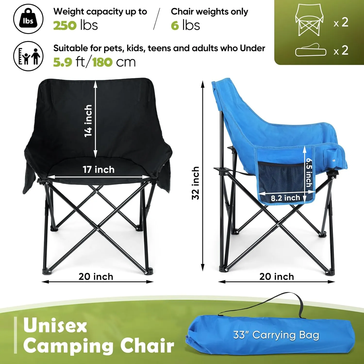 HaSteeL Camping Chair for Adults, Compact Folding Portable Chairs Set with Side Pockets for Outdoors Fishing, Hiking, Backpacking, Beach, Patio, Travel, Support 250lbs, & Storage Bags (Black & Blue)