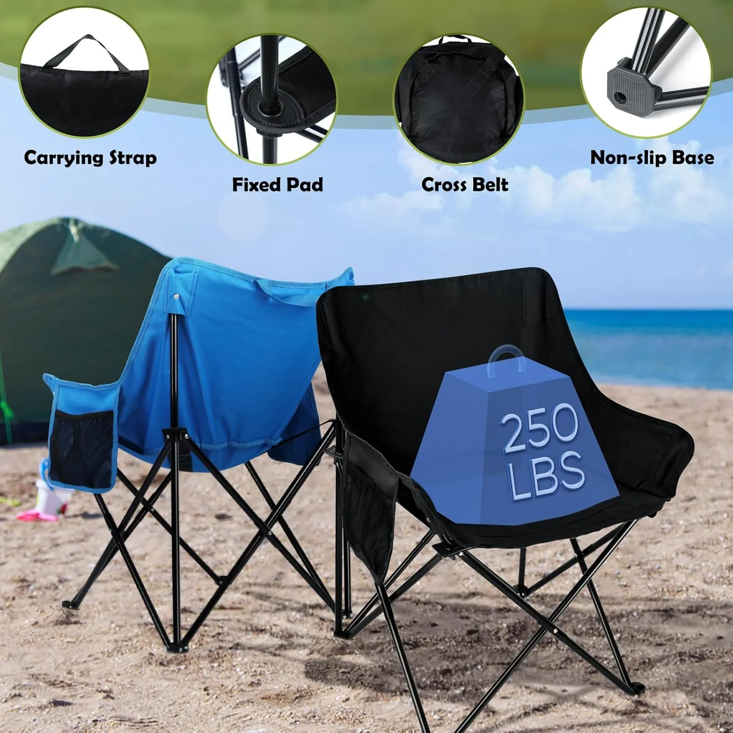 HaSteeL Camping Chair for Adults, Compact Folding Portable Chairs Set with Side Pockets for Outdoors Fishing, Hiking, Backpacking, Beach, Patio, Travel, Support 250lbs, & Storage Bags (Black & Blue)
