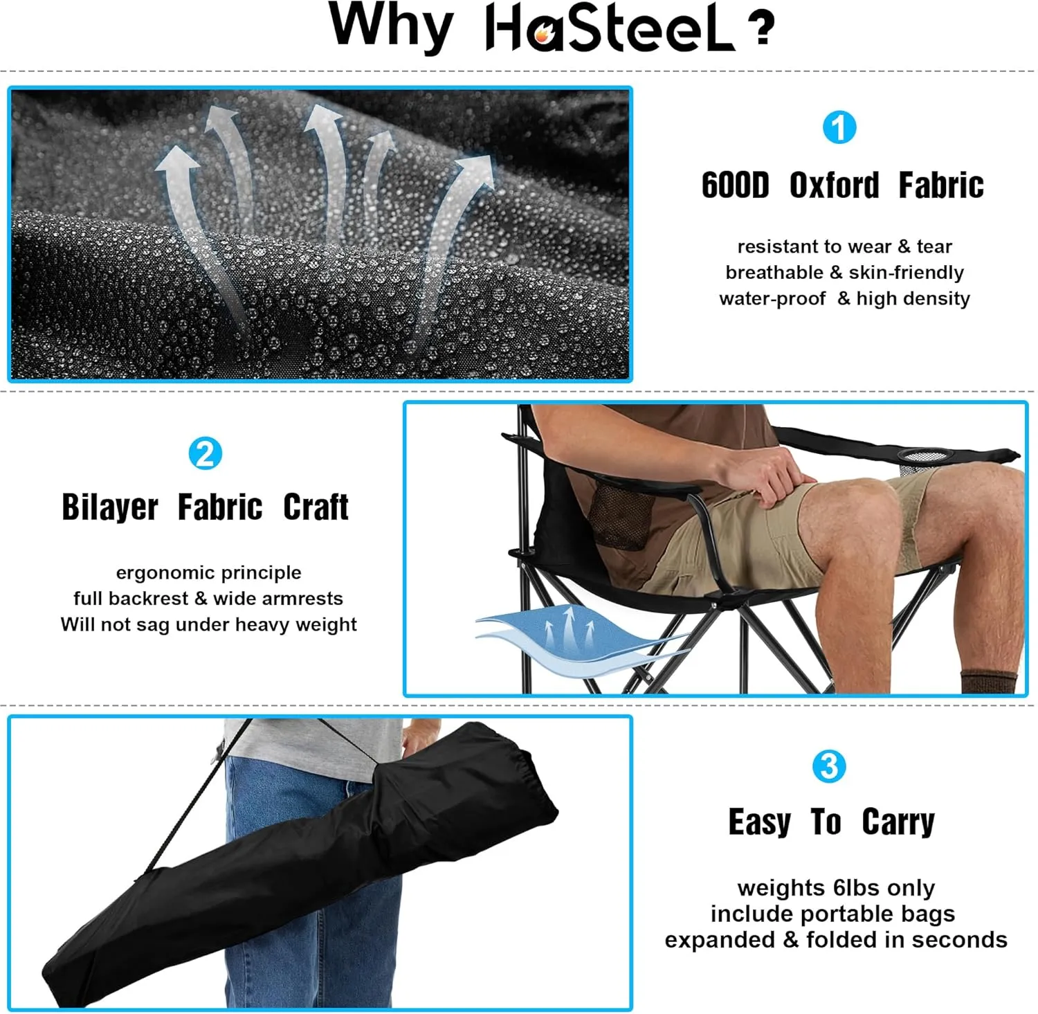 HaSteeL Foldable Camping Chair Set of 2, Folding Camp Chairs for Adults, Large Portable Lawn Chair for Outdoors Fishing, Hiking, Travel, Picnic, Beach, Supports 275lbs & Include Storage Bags (Black)