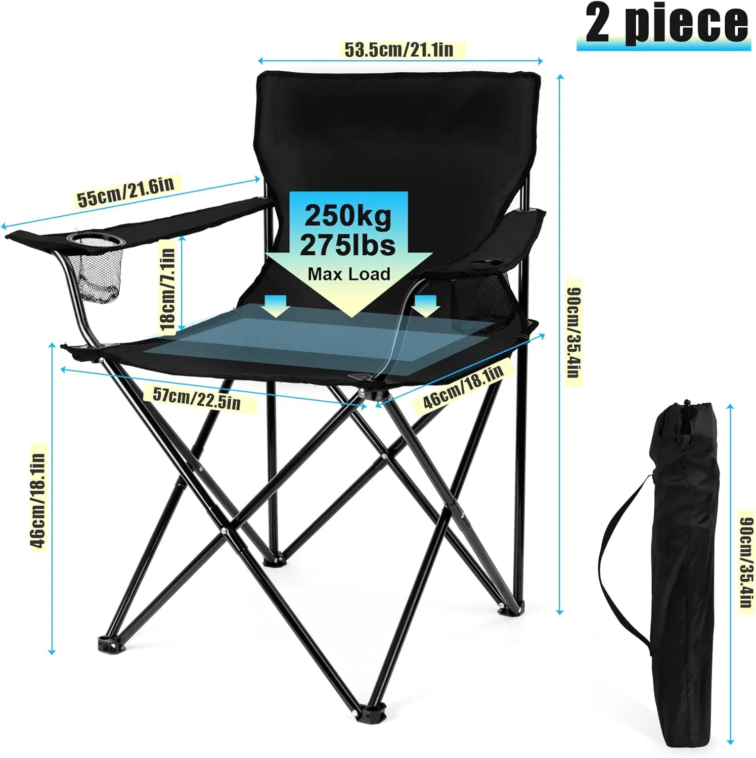 HaSteeL Foldable Camping Chair Set of 2, Folding Camp Chairs for Adults, Large Portable Lawn Chair for Outdoors Fishing, Hiking, Travel, Picnic, Beach, Supports 275lbs & Include Storage Bags (Black)