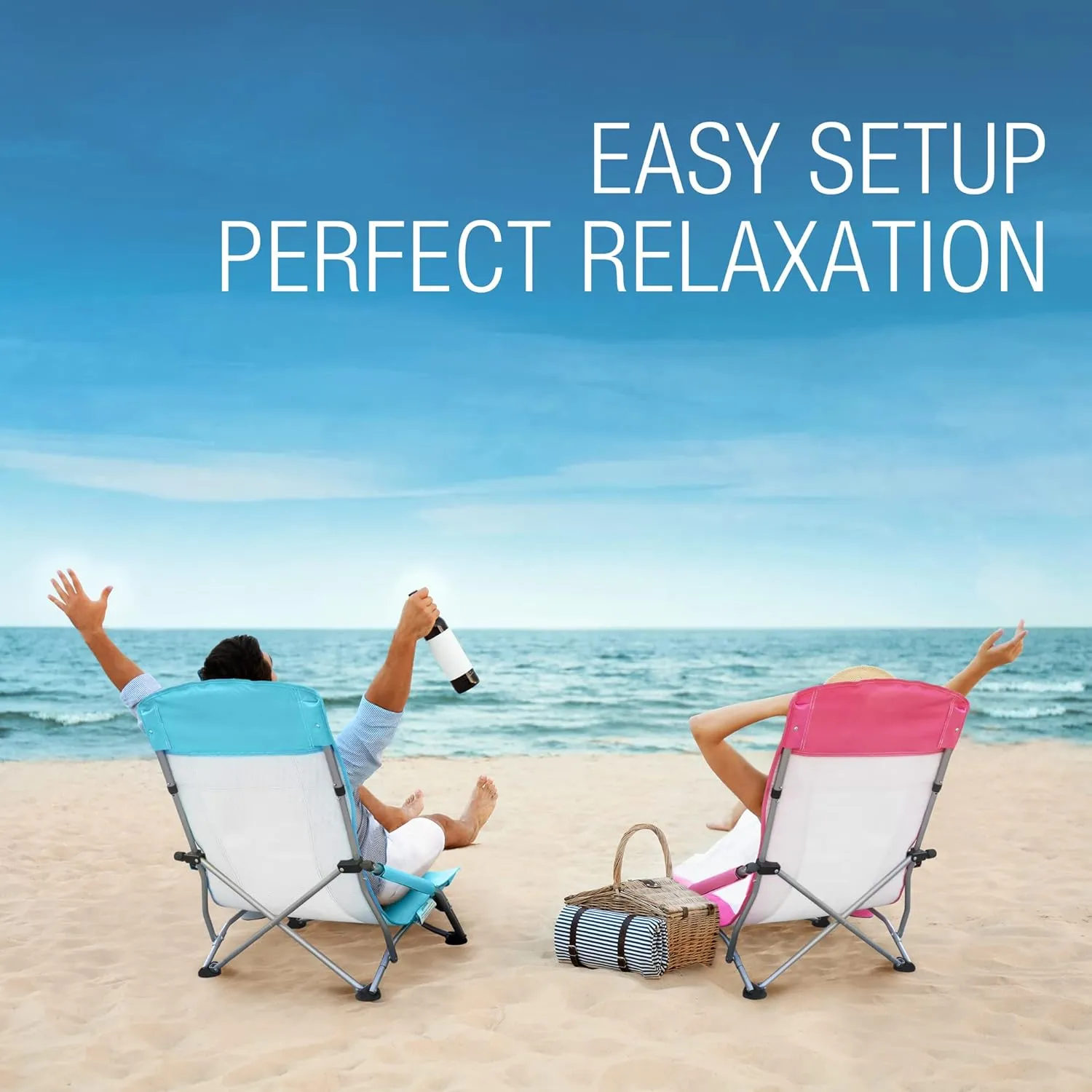 HAUSHOF High Back Beach Chair, Mesh Back Folding Chair, Lightweight Low Seat Camping Chairs with Cup Holder, Carry Bag, Padded Armrest for Outdoor Beach Lawn Camping Picnic Festival