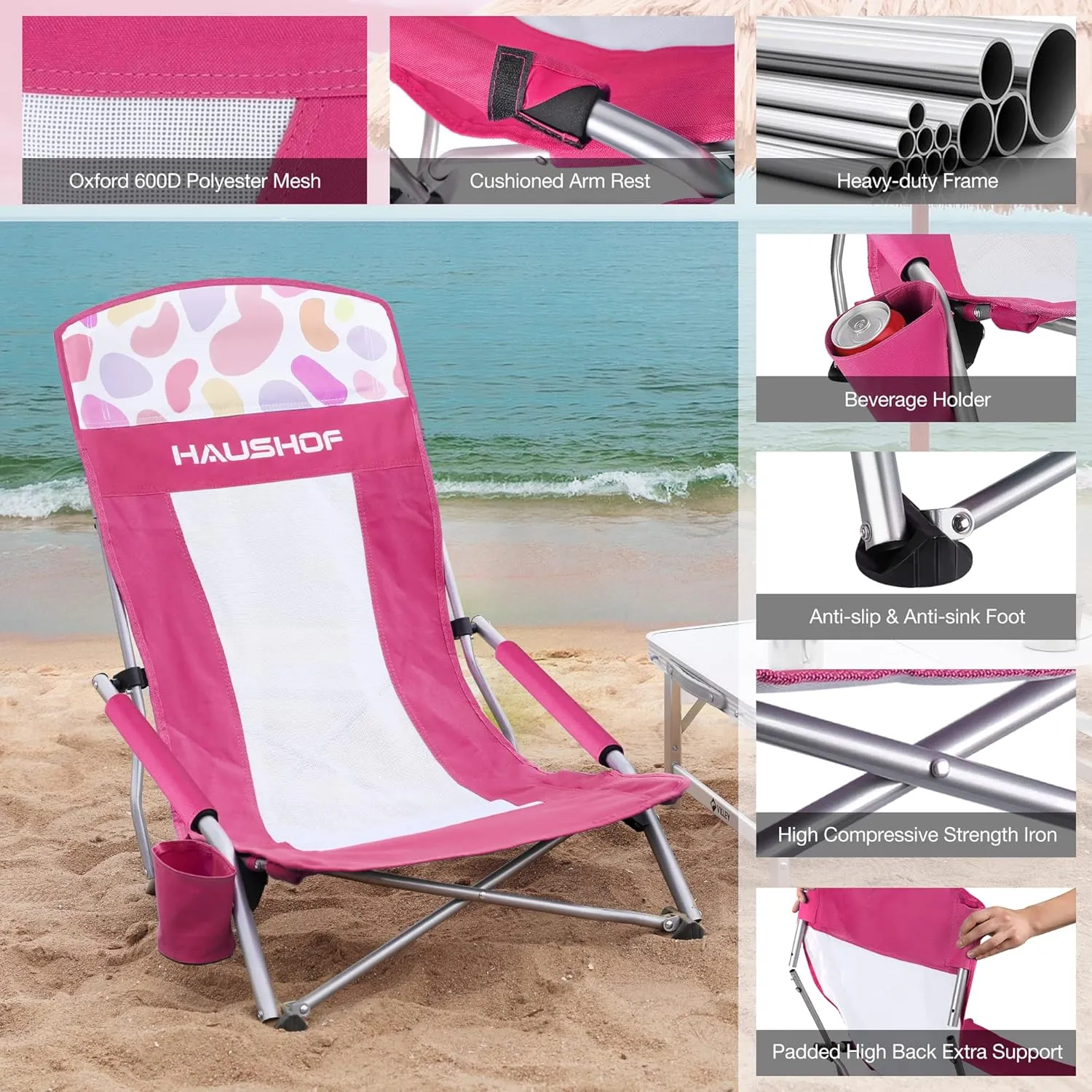 HAUSHOF High Back Beach Chair, Mesh Back Folding Chair, Lightweight Low Seat Camping Chairs with Cup Holder, Carry Bag, Padded Armrest for Outdoor Beach Lawn Camping Picnic Festival