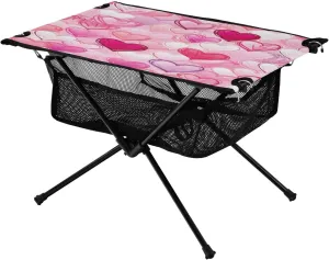 Heart Pattern Pink Portable Folding Camping Table, Compact Lightweight Beach Table with Carrying Bag for Outdoor Picnics, BBQs, Camp