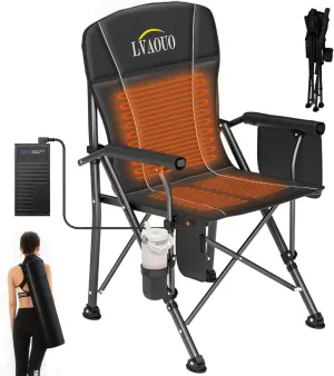 Heated Camping Chair with 20000mAh 12V Battery, 3 Heat Levels & 3-Zone Heating, Supports 600lbs - Portable Folding Chair for Camping, Fishing, Hiking, Lawn (Black)