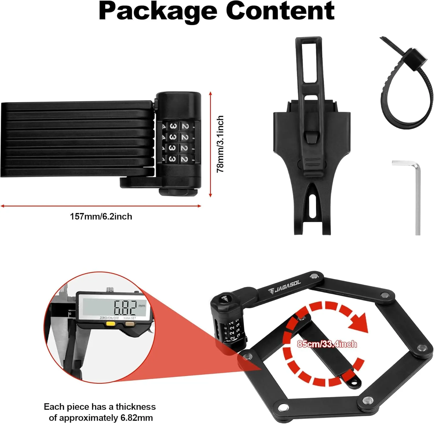 Heavy Duty Anti-Theft Folding Bike Lock, Combination Fold Chain Lock for Bicycle Scooter Motorcycle, 0.8 Inches Wide 0.3 Inches Thick Alloy Steel, Anti-Pinch, Anti-Crush, Anti-Saw, 85 cm
